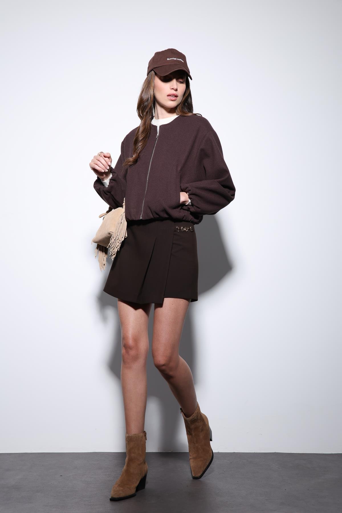 Antioch Kahve Bel Lastikli Crop Kadın Mont