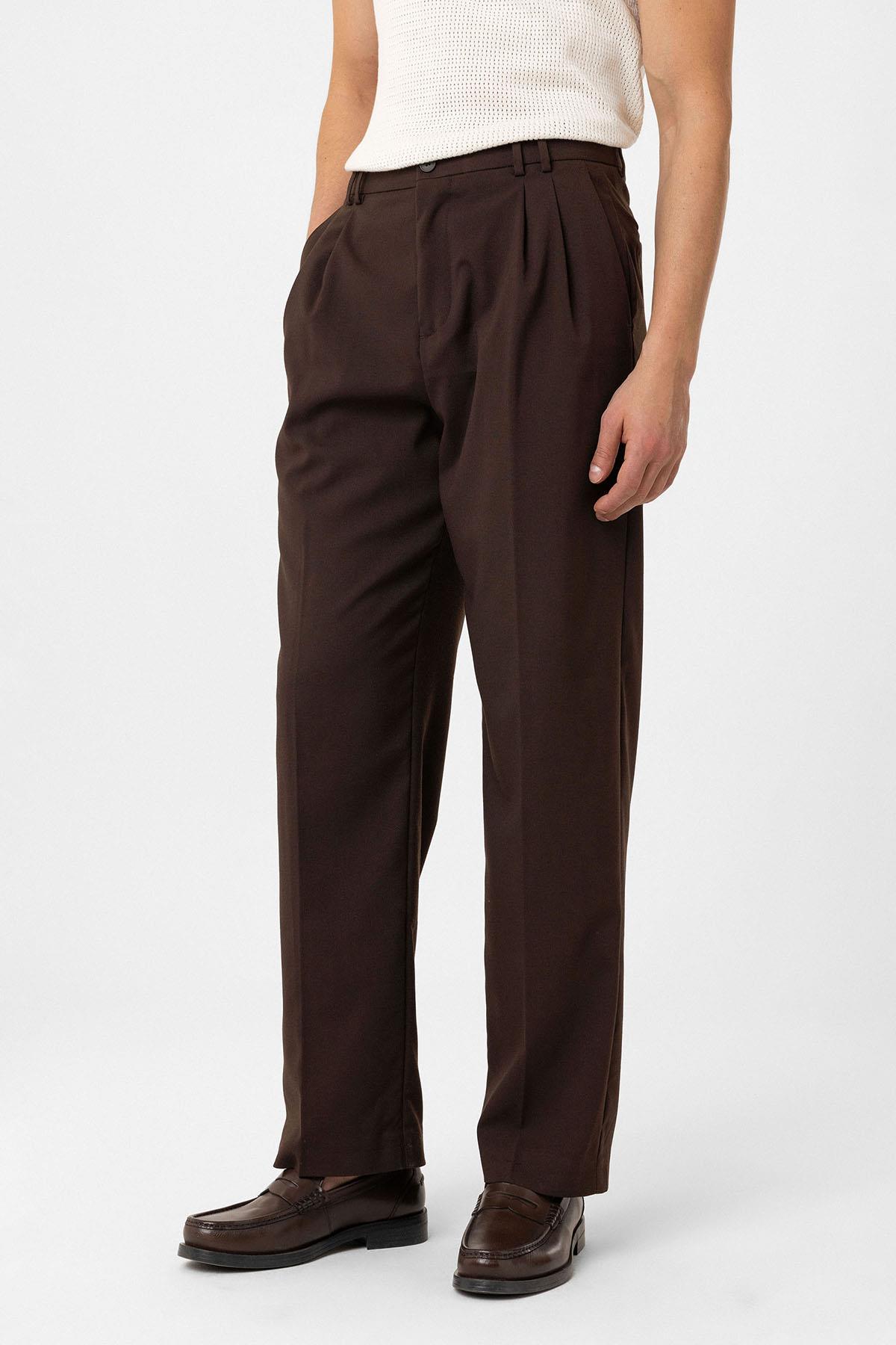 Antioch Kahve Çift Pileli Baggy Fit Erkek Pantolon