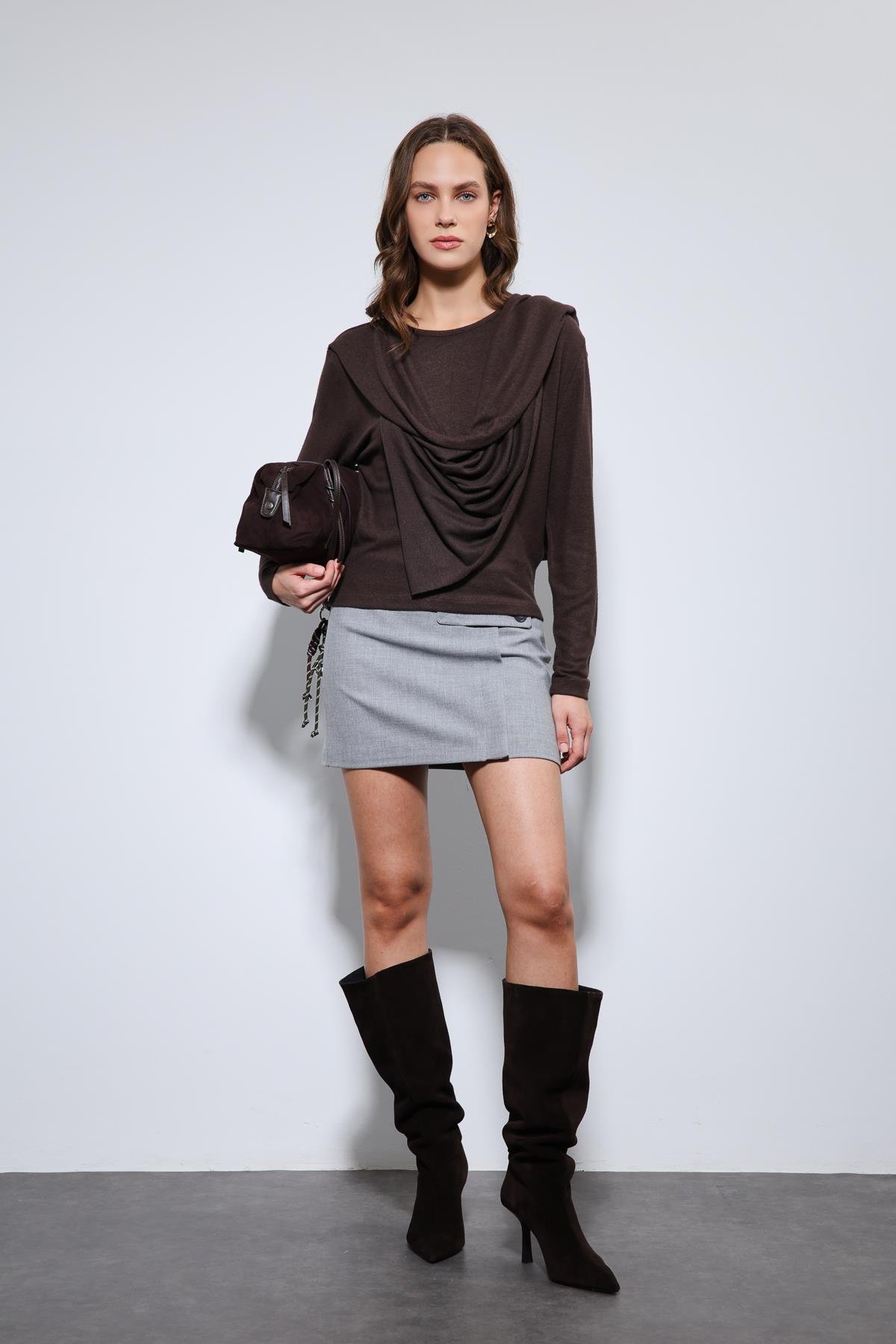 Antioch Kahve Drapeli Şal Detaylı Top