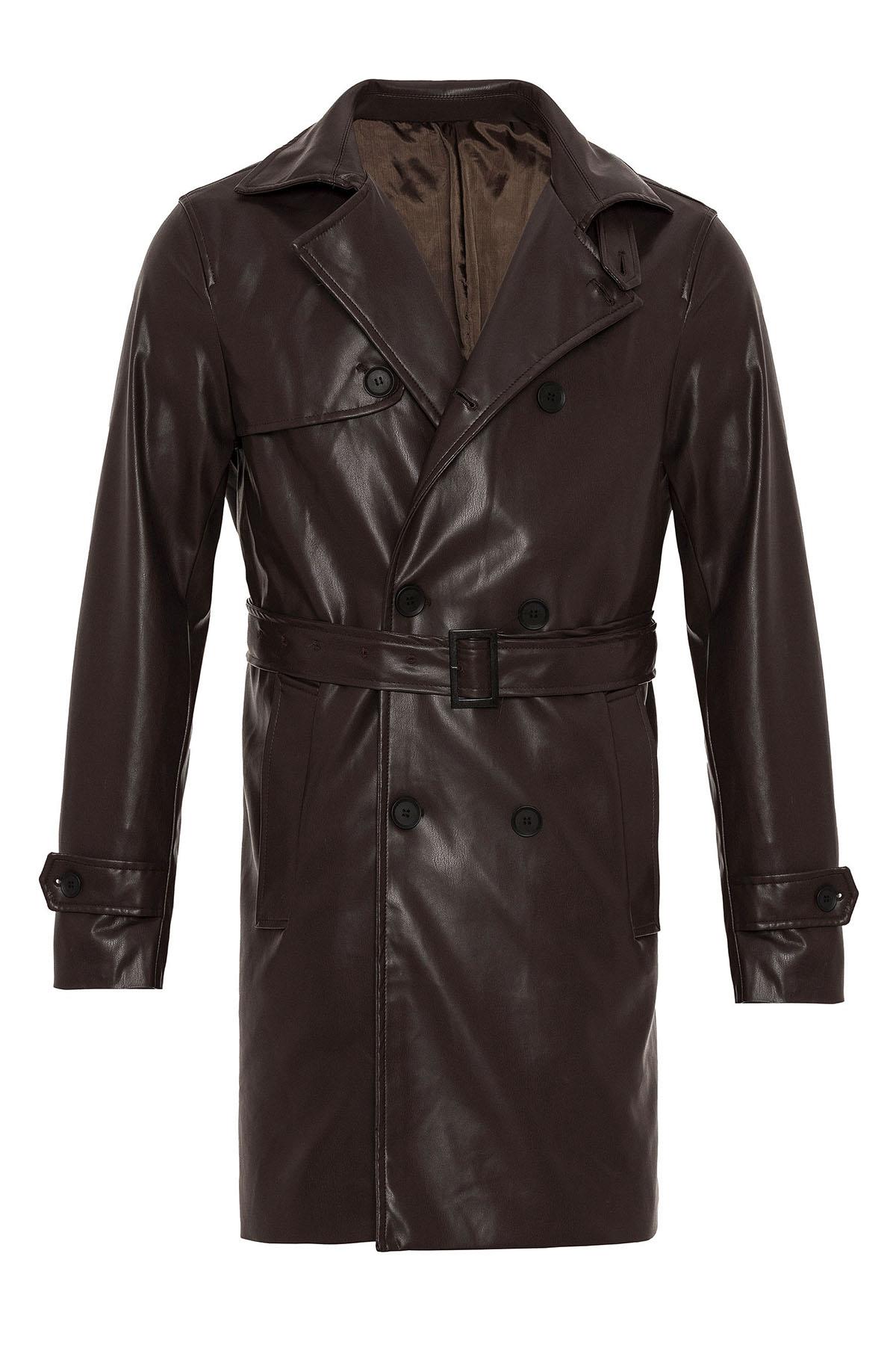 Antioch Kahve Erkek Kemer Detaylı Kruvaze Suni Deri Trençkot