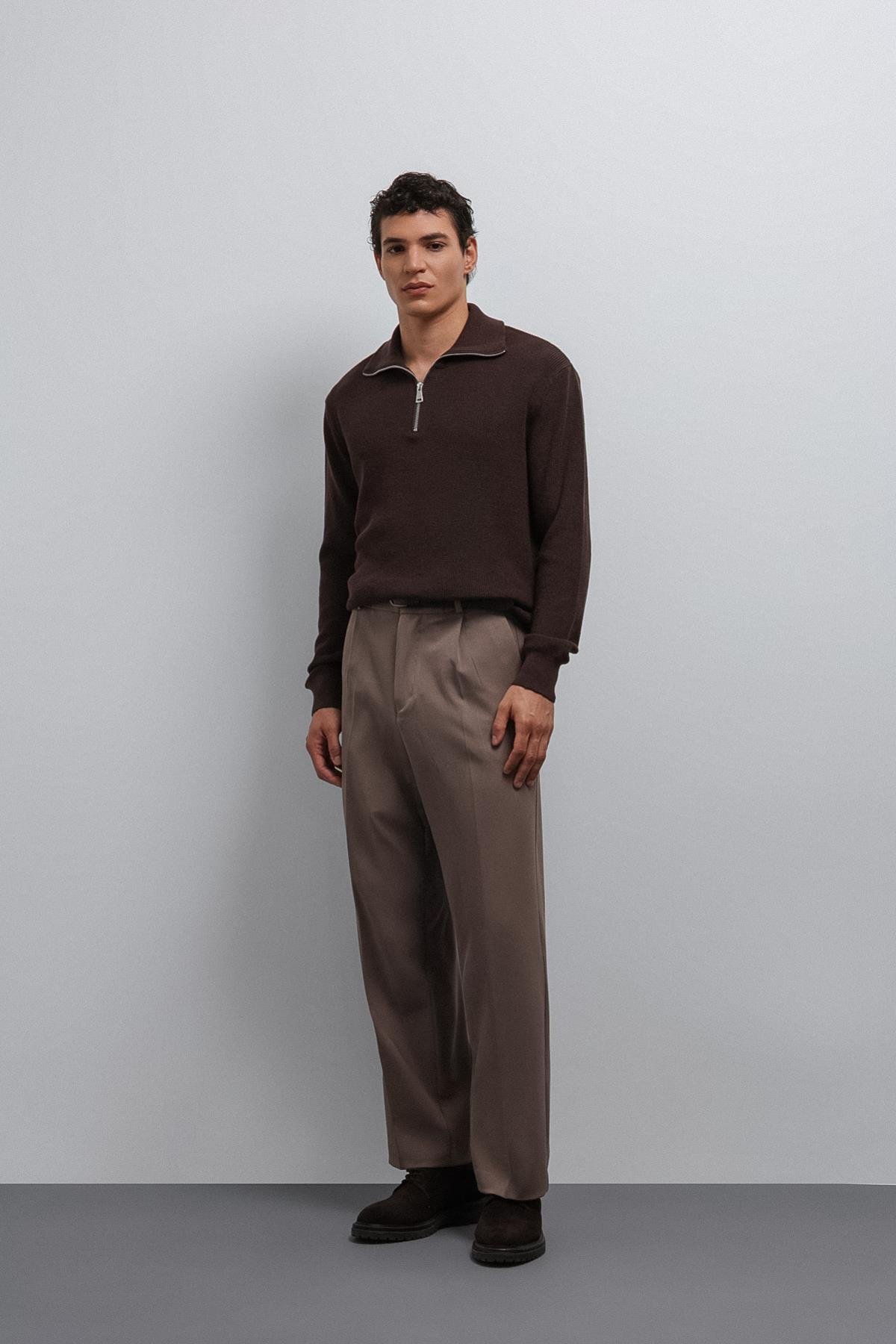 Antioch Kahve Fermuarlı Triko Erkek Kazak