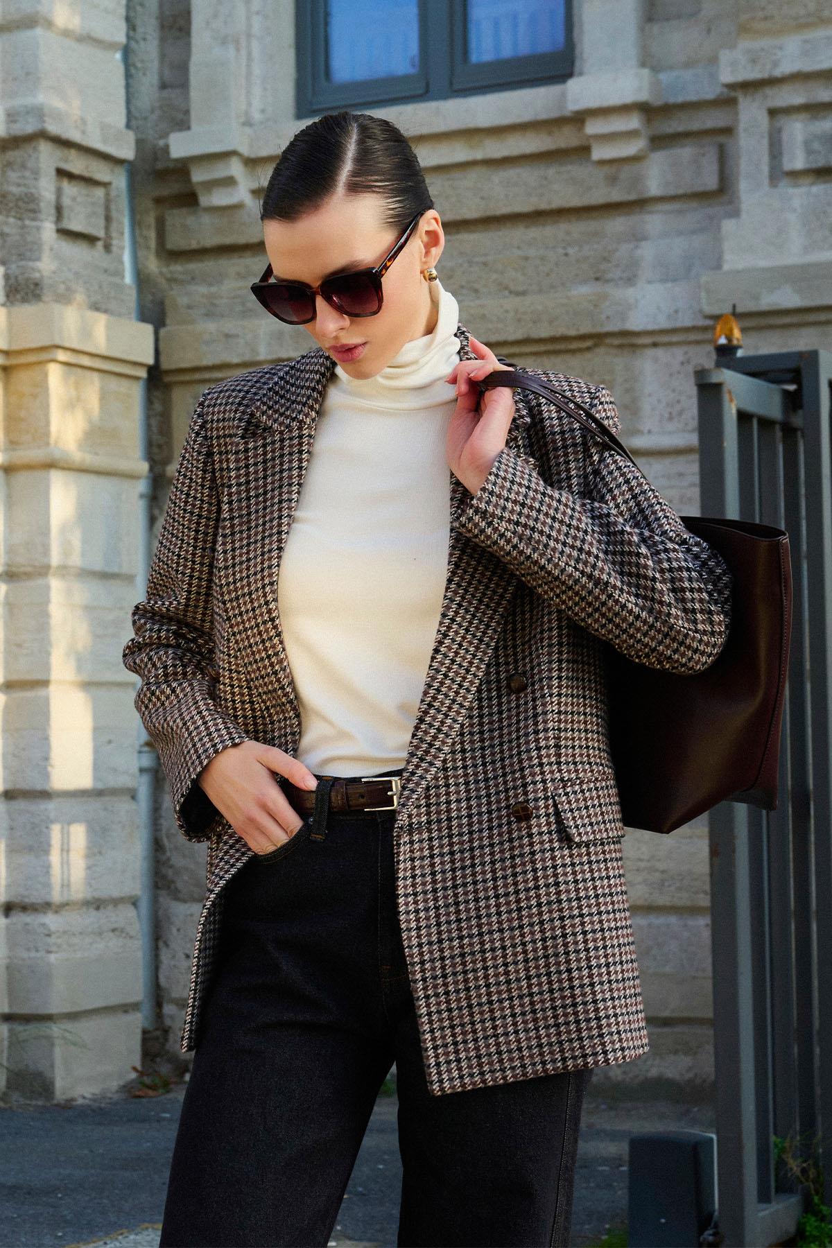 Antioch Kahve Kadın Kazayağı Desenli Blazer Ceket