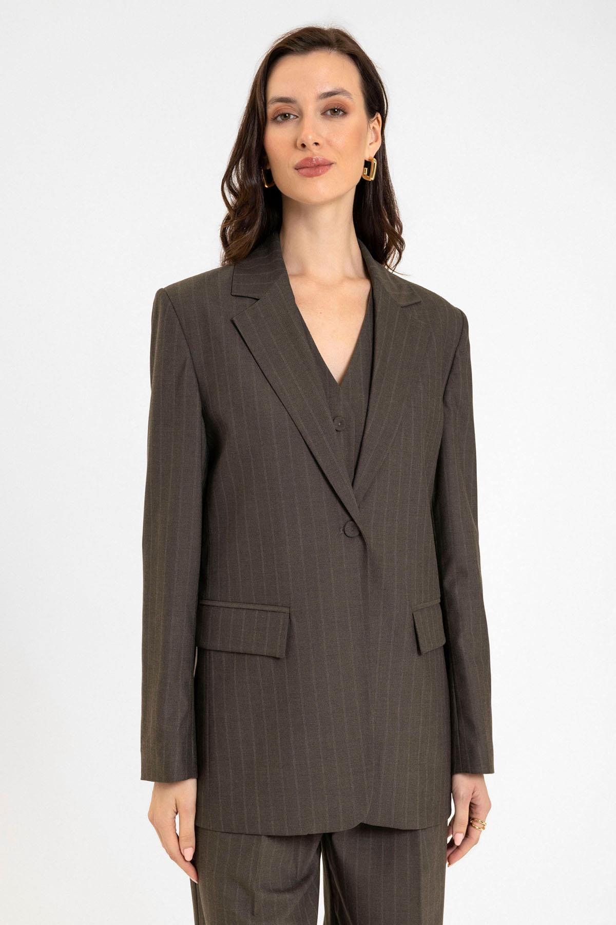 Antioch Kahve Kadın Tek Düğme Çizgili Blazer Ceket