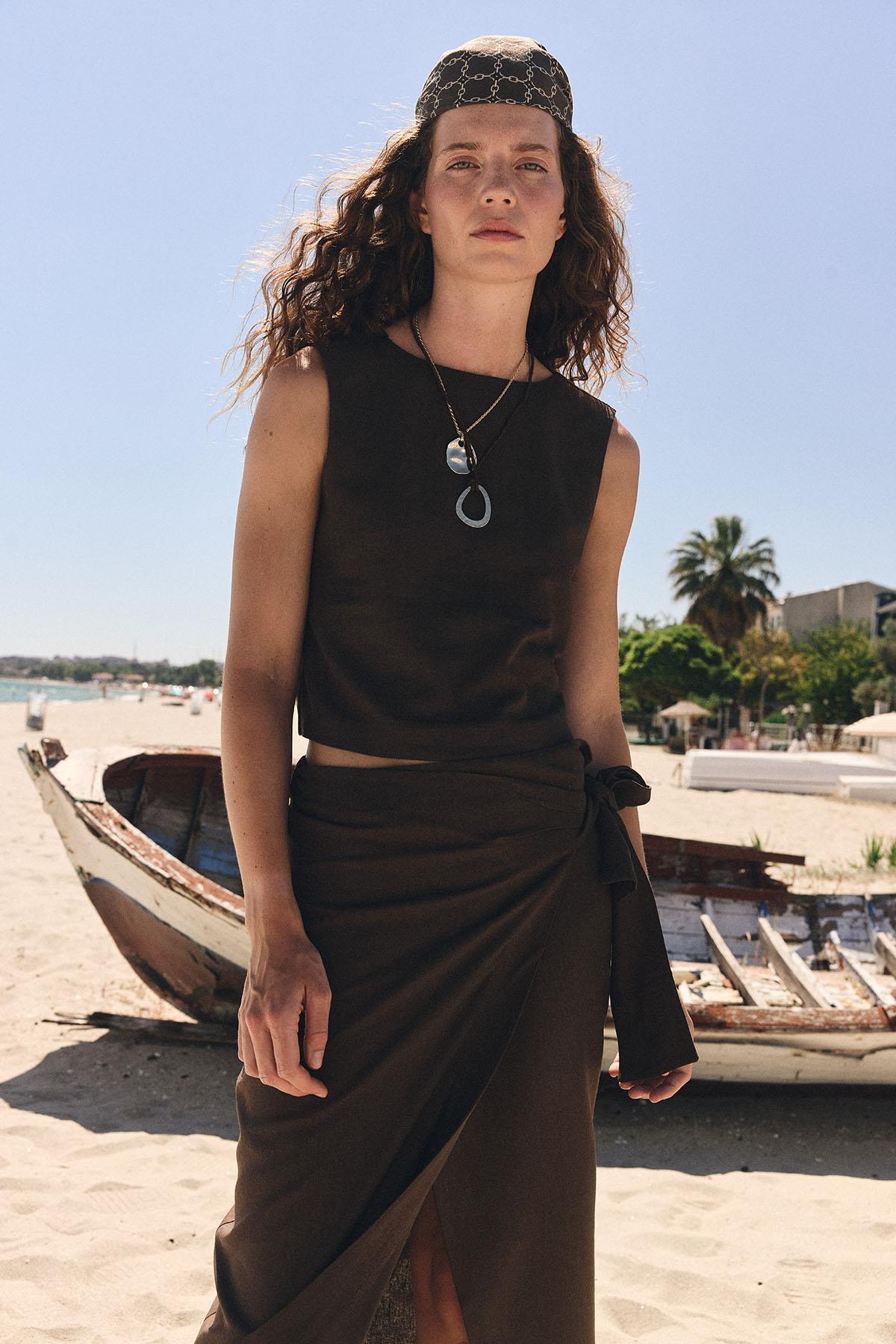 Antioch Kahve Keten Karışımlı Kadın Bluz