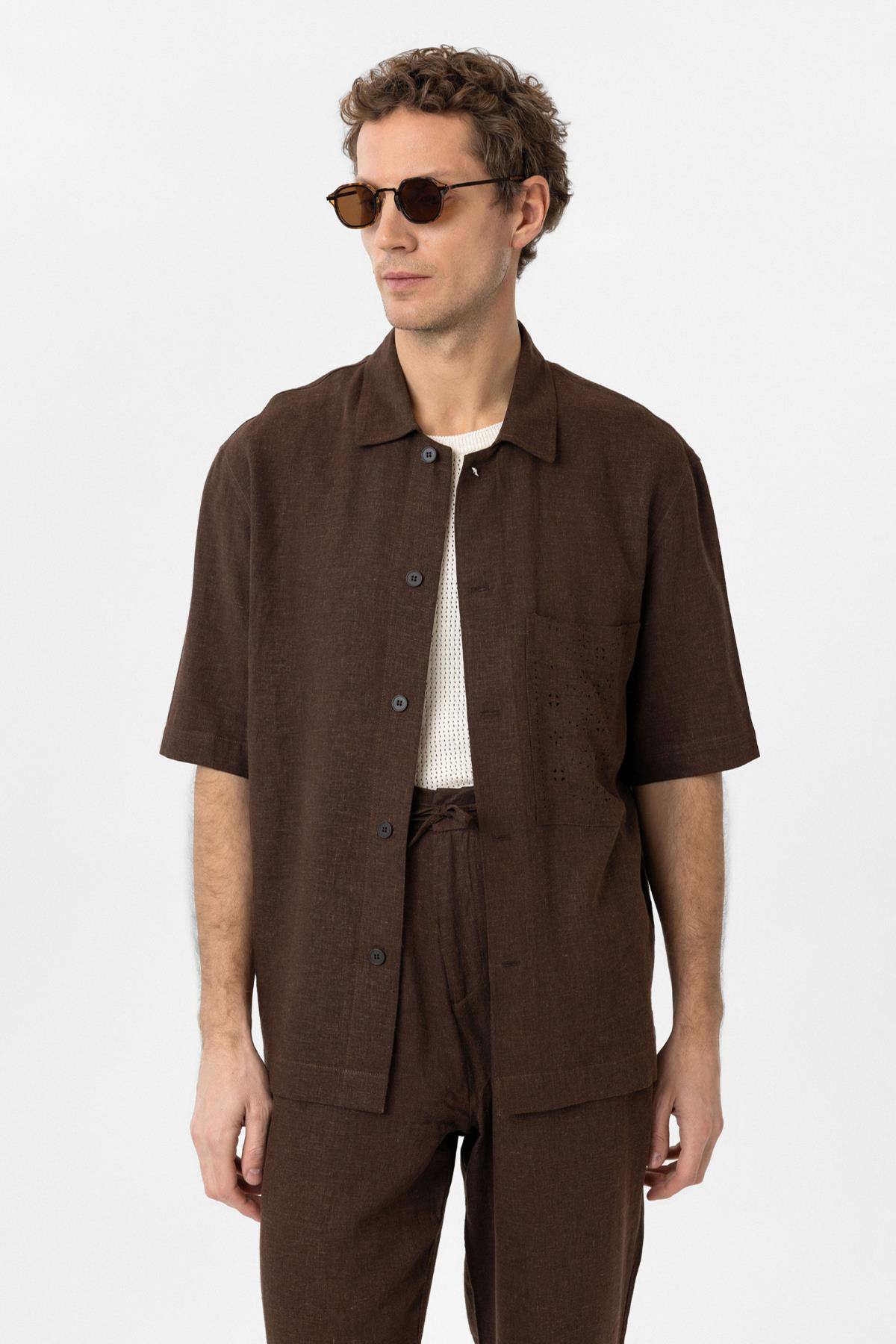 Antioch Kahve Keten Karışımlı Kısa Kollu Erkek Gömlek
