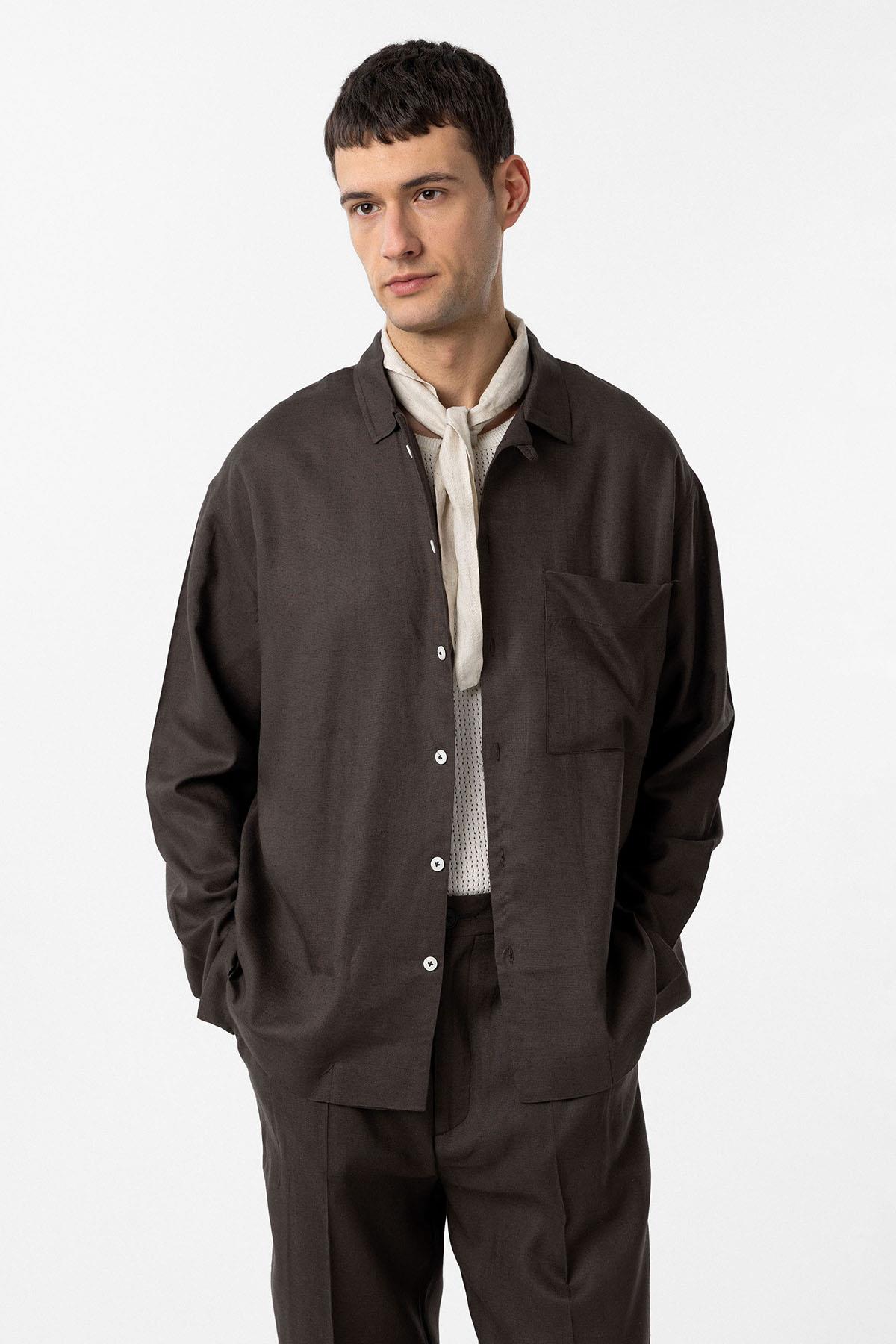 Antioch Kahve Keten Karışımlı Relax Fit Erkek Gömlek