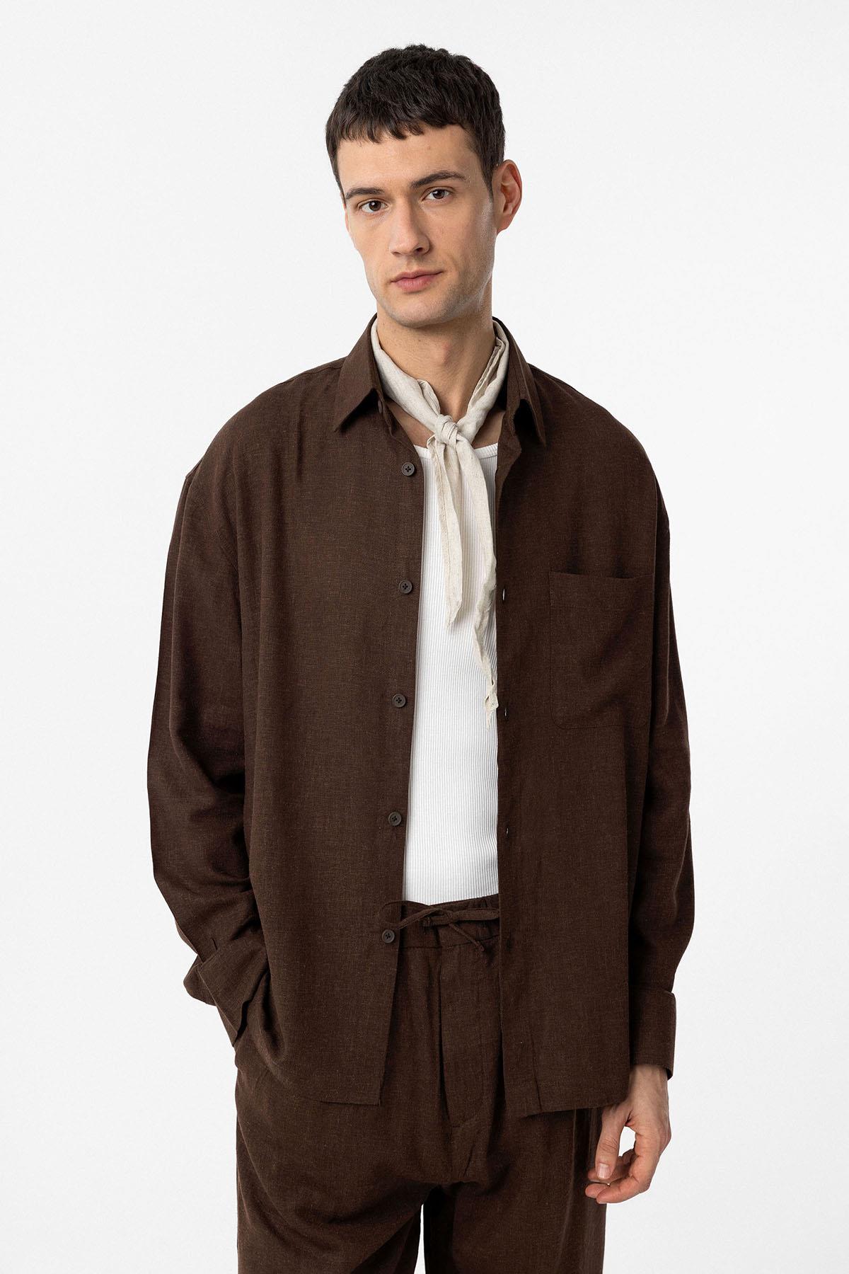 Antioch Kahve Keten Karışımlı Relax Fit Erkek Gömlek