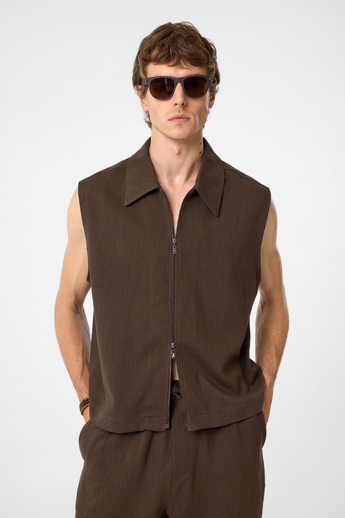 Antioch Kahve Polo Yaka Dokulu Erkek Yelek