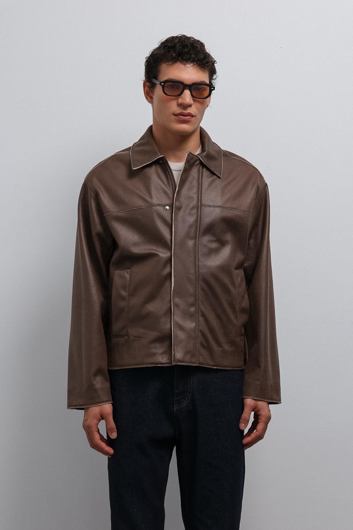 Antioch Kahve Relax Fit Suni Deri Erkek Mont