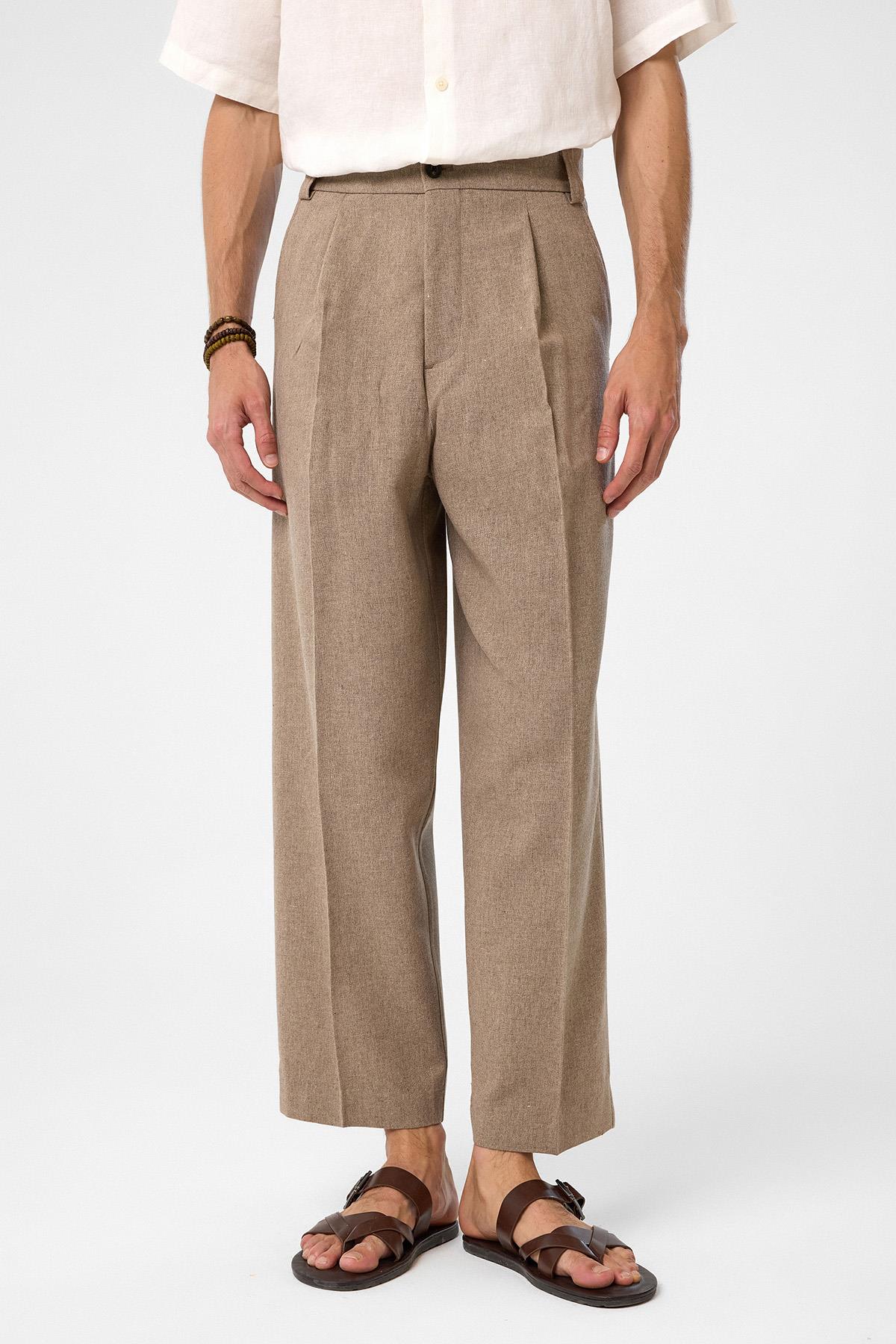 Antioch Kahve Yüksek Bel Pileli Relax Fit Erkek Pantolon