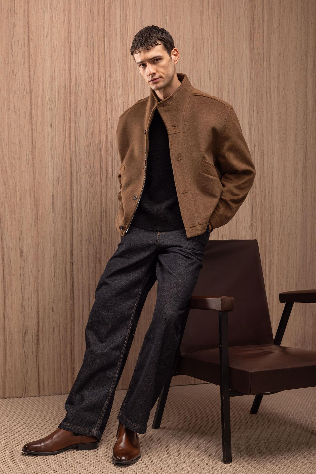 Antioch Kahve Yün Karışımlı Dik Yaka Erkek Mont