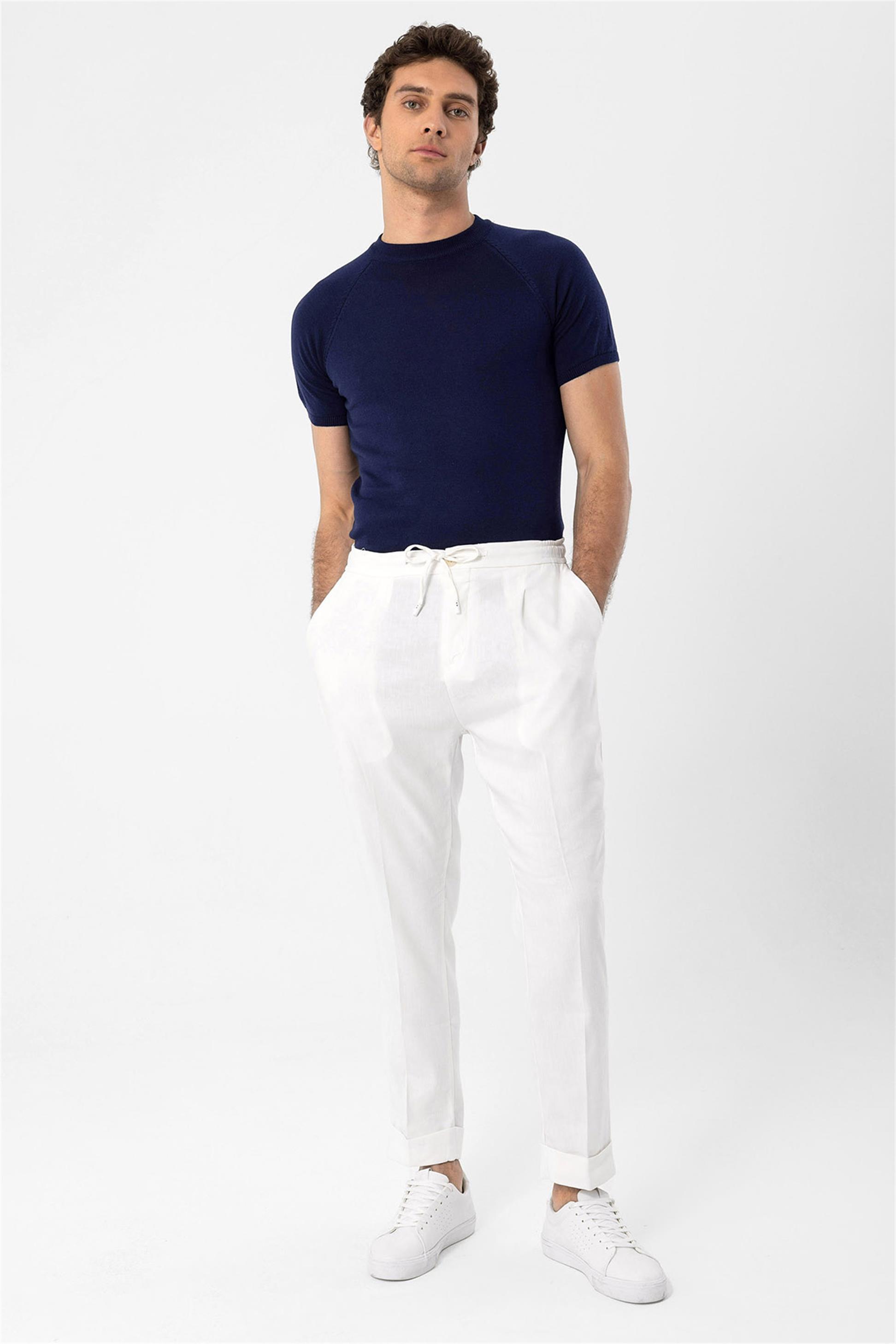 Linen Blend Men's Trousers with Drawstring Waist
