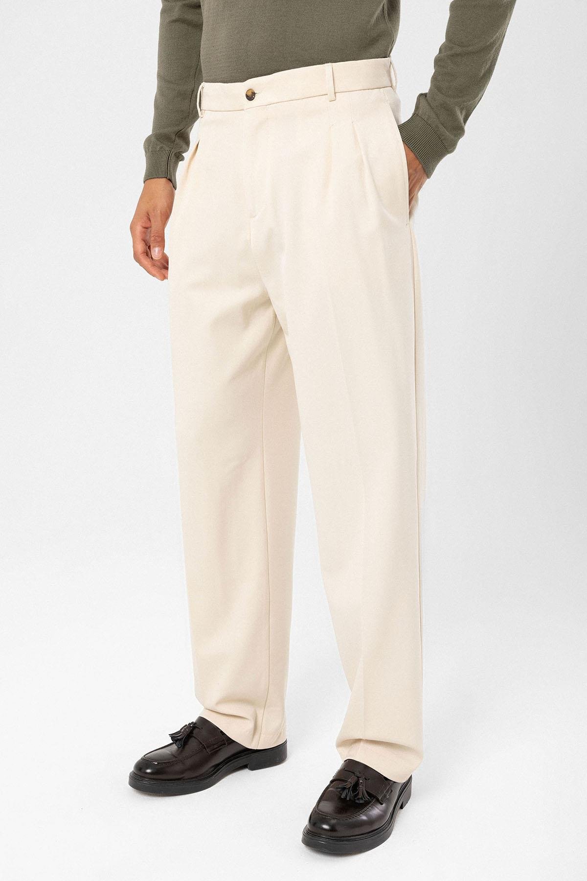 Antioch Koyu Ekru Yüksek Bel Pileli Rahat Kalıp Erkek Pantolon