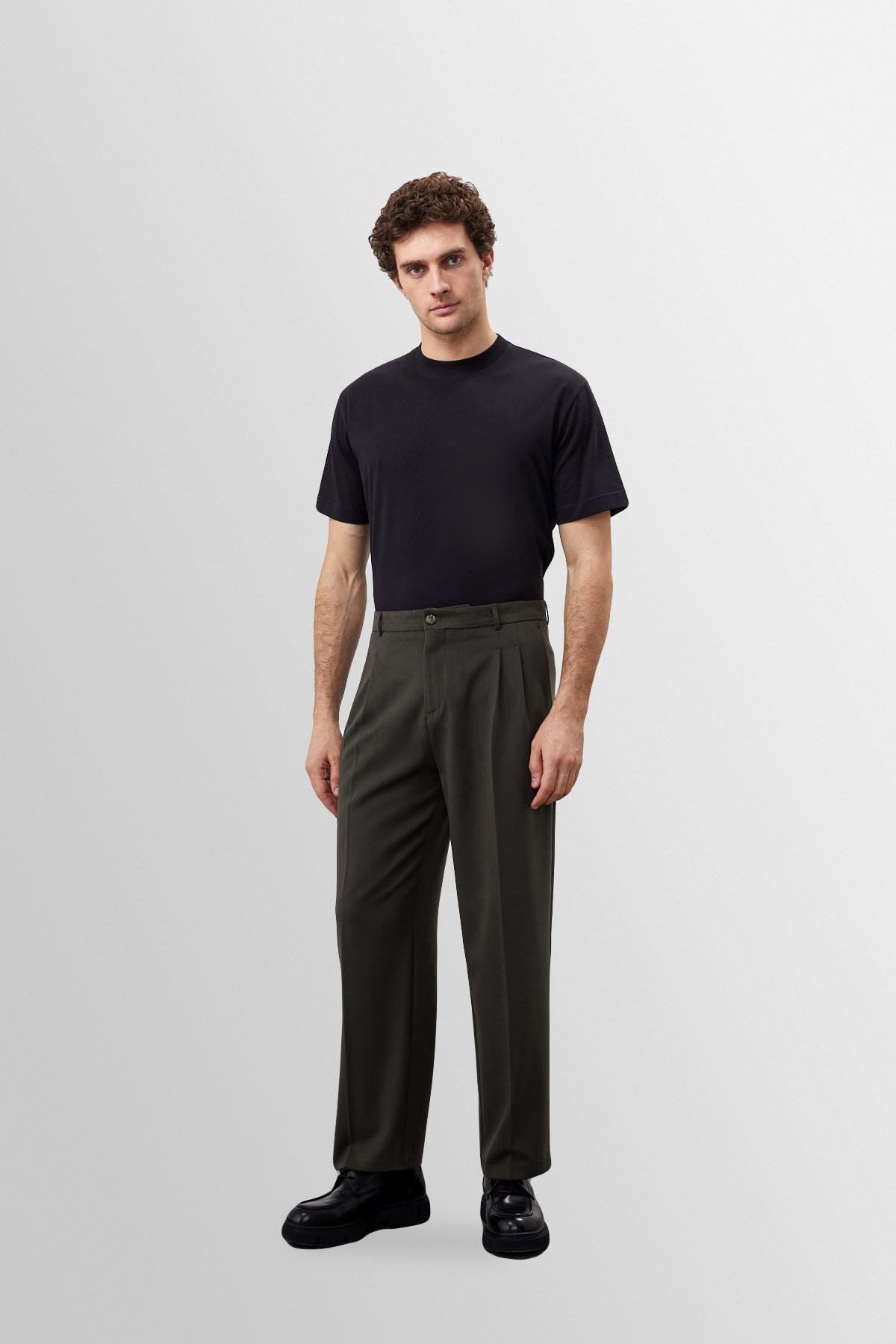 Antioch Koyu Haki Yüksek Bel Pileli Rahat Kalıp Erkek Pantolon