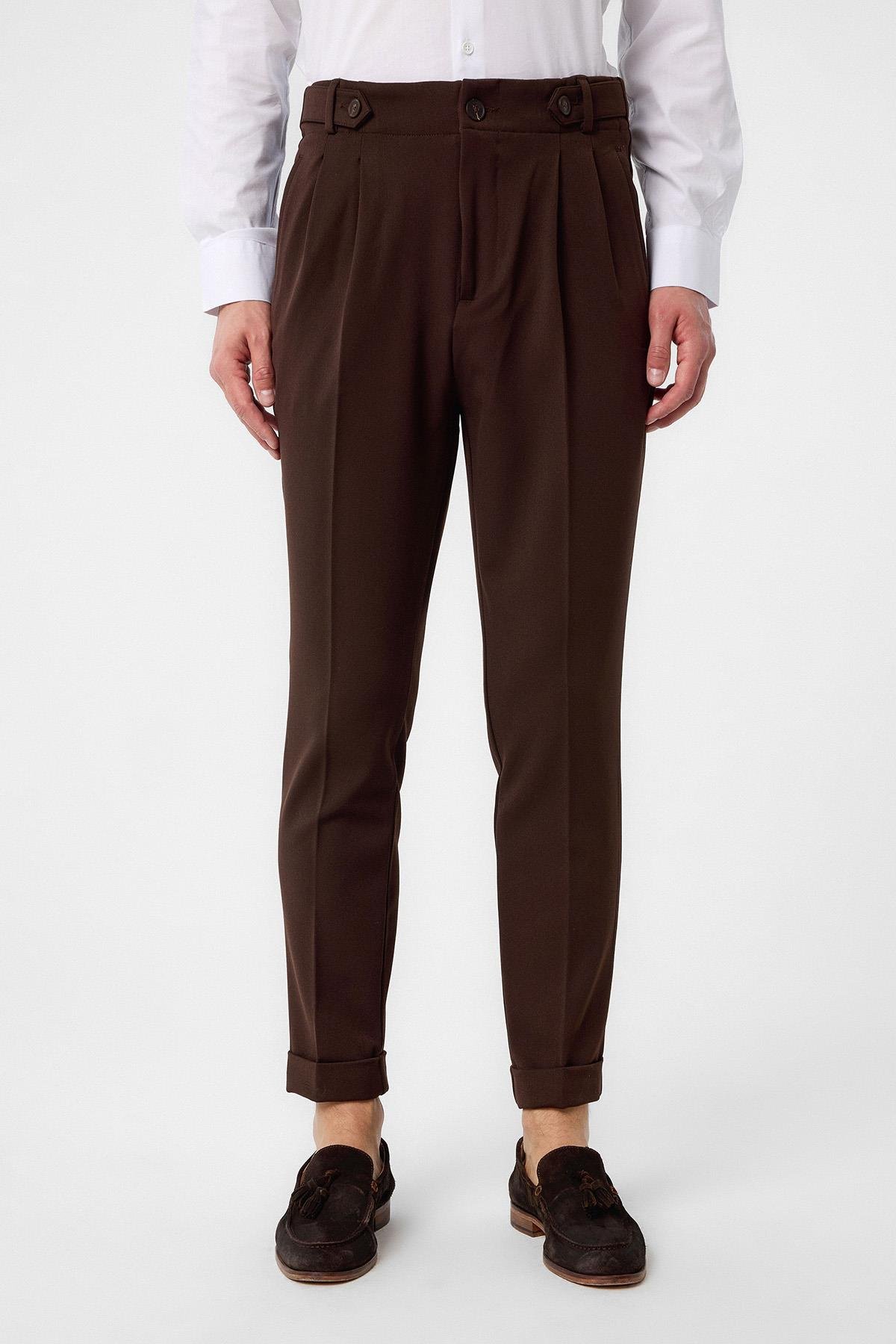 Antioch Koyu Kahve Yüksek Bel (Boyfriend) Pileli Kumaş Pantolon