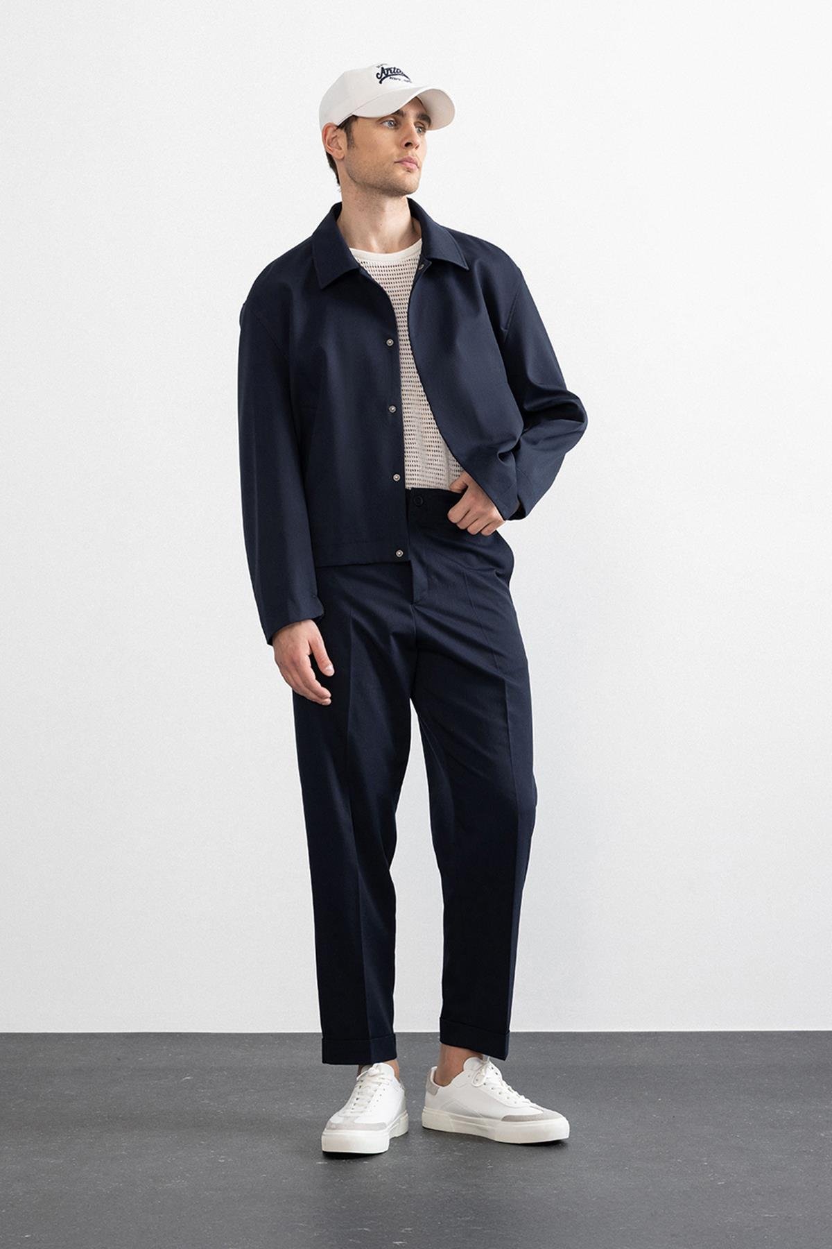 Antioch Lacivert Gizli Düğme Mevsimlik Relax Fit Erkek Mont