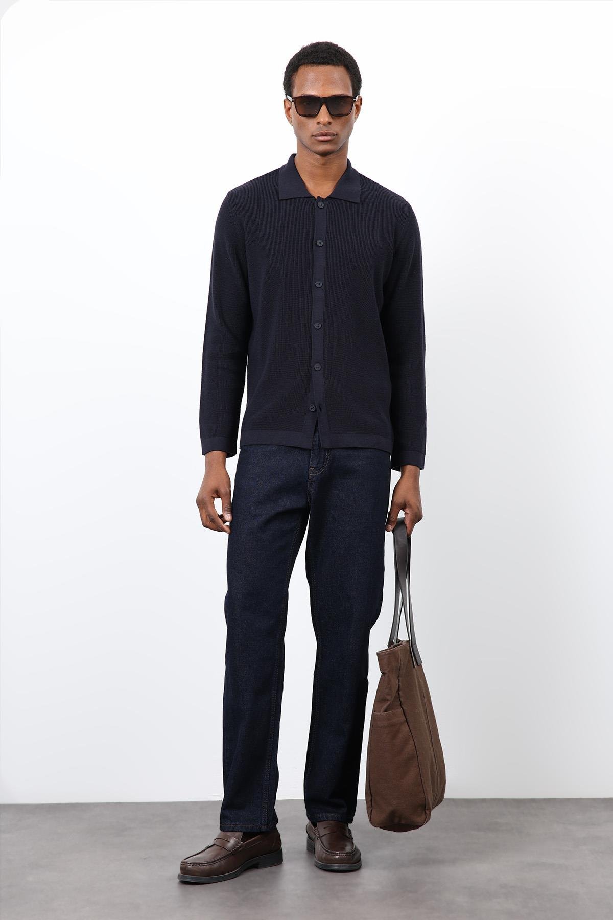 Antioch Lacivert İnce Örgü Triko Erkek Hırka