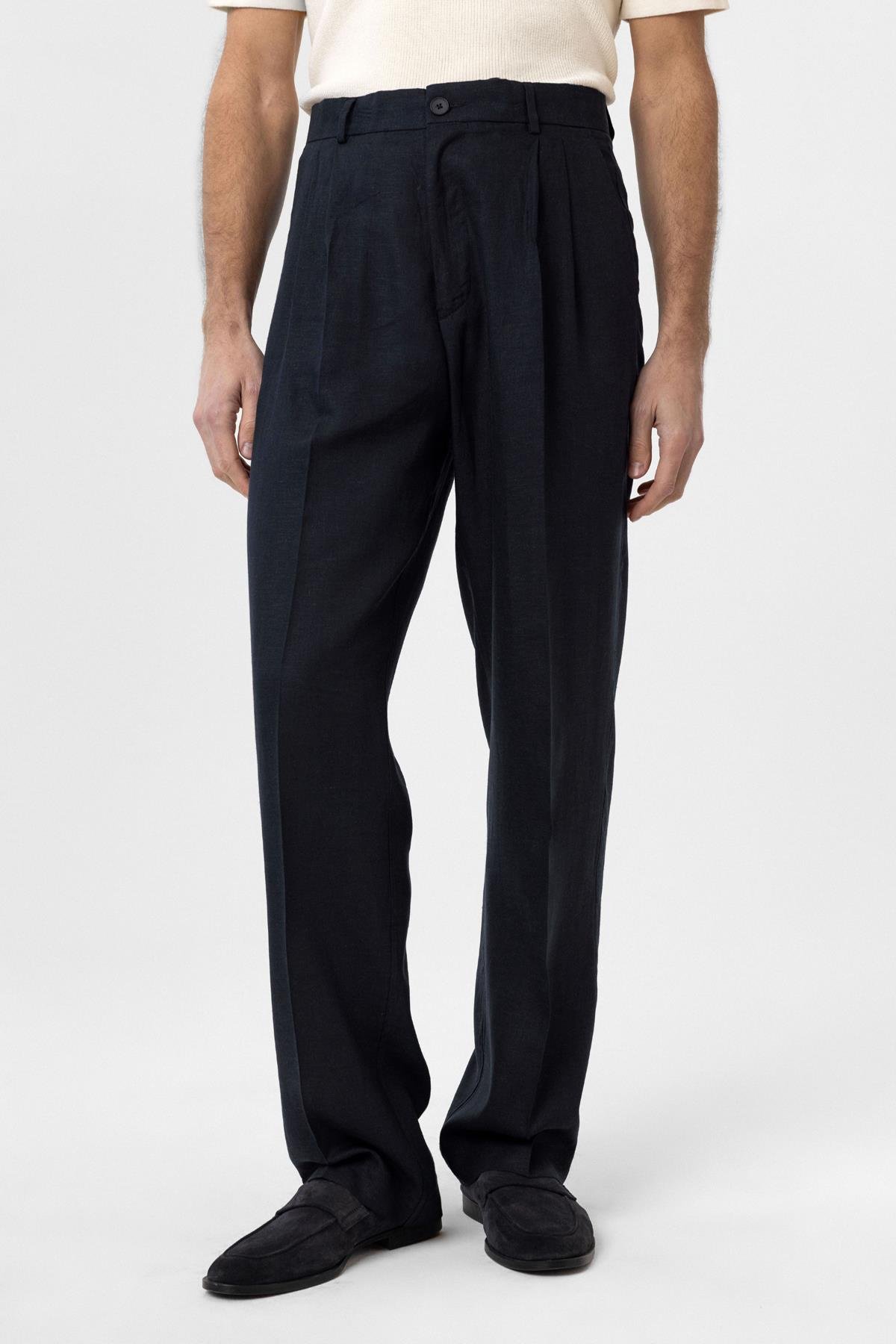 Antioch Lacivert Keten Karışımlı Erkek Baggy Pantolon