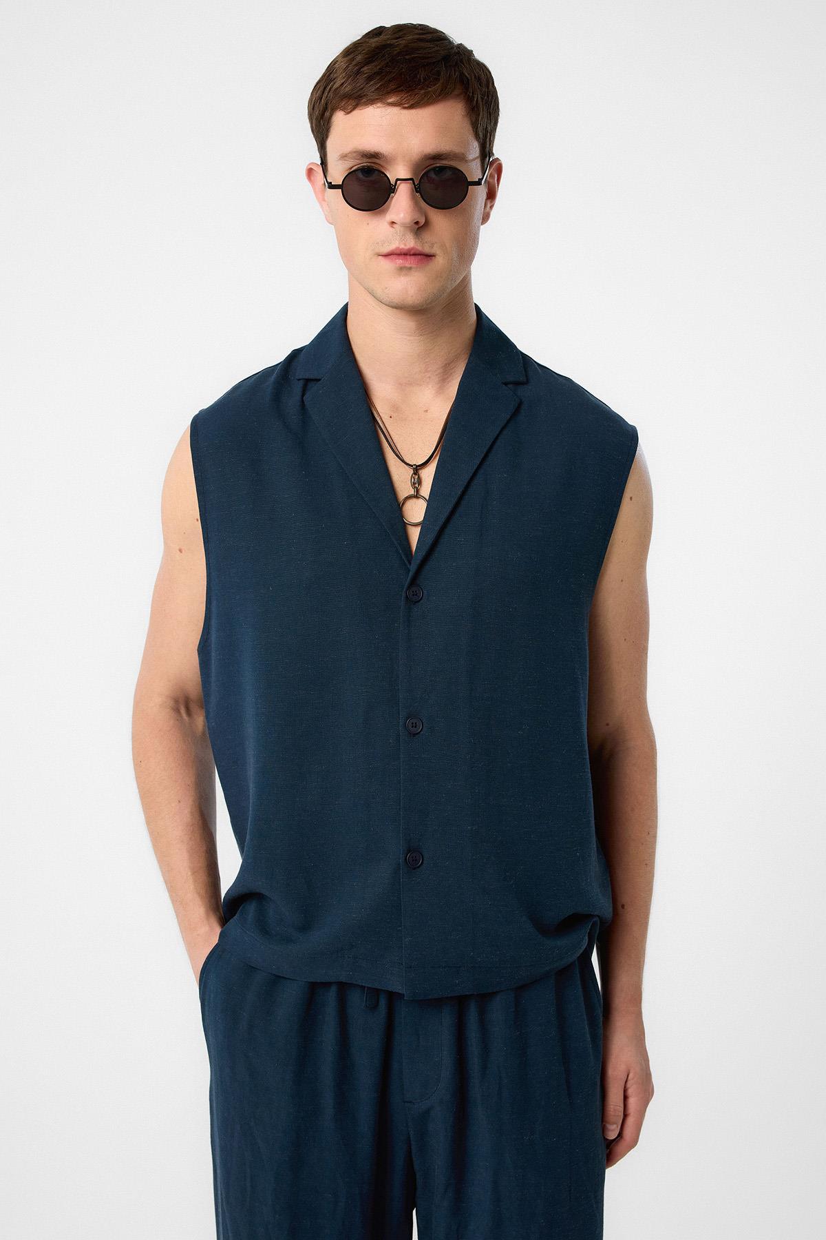 Antioch Lacivert Keten Karışımlı Kolsuz Erkek Gömlek