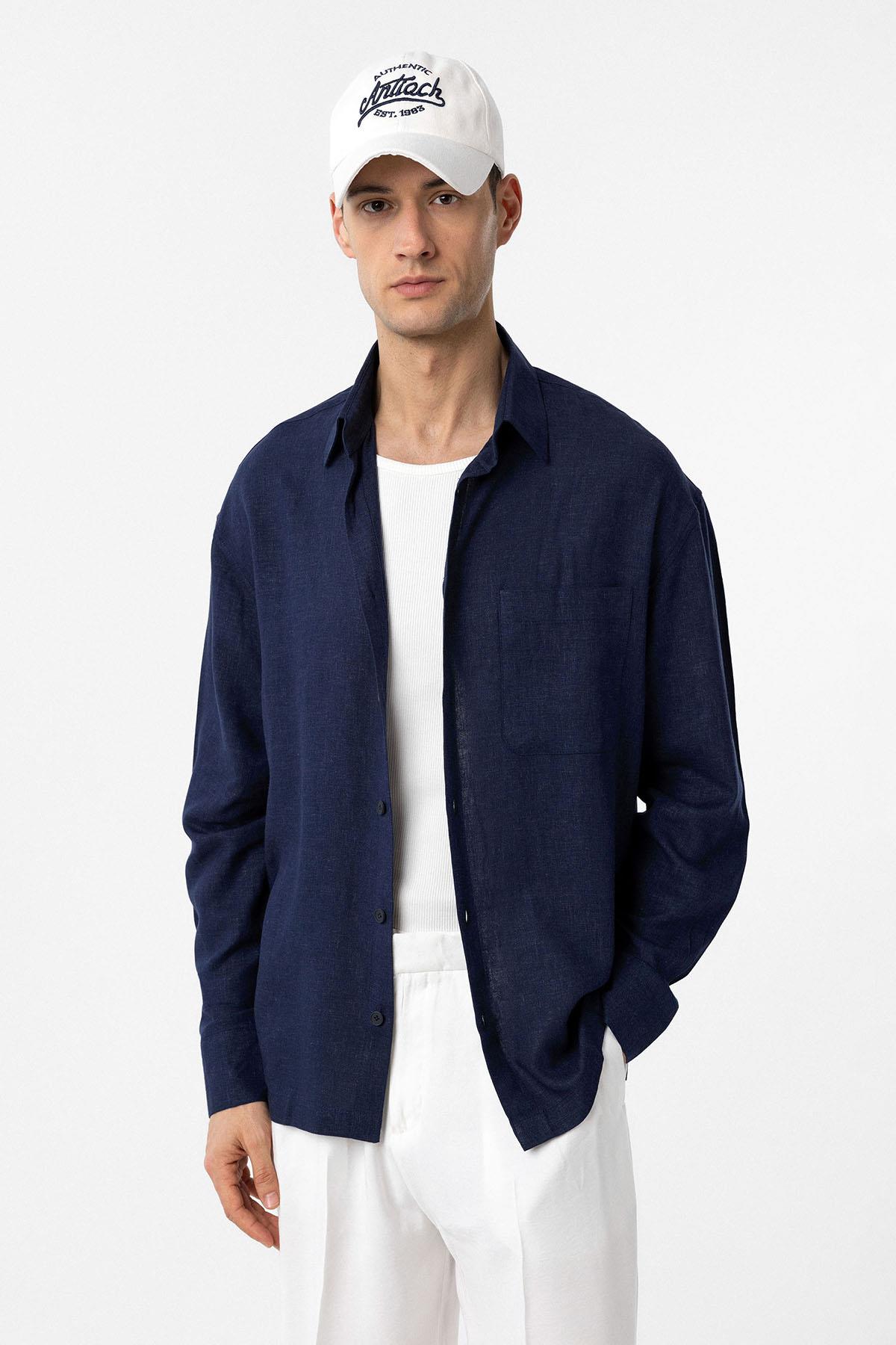 Antioch Lacivert Keten Karışımlı Relax Fit Erkek Gömlek