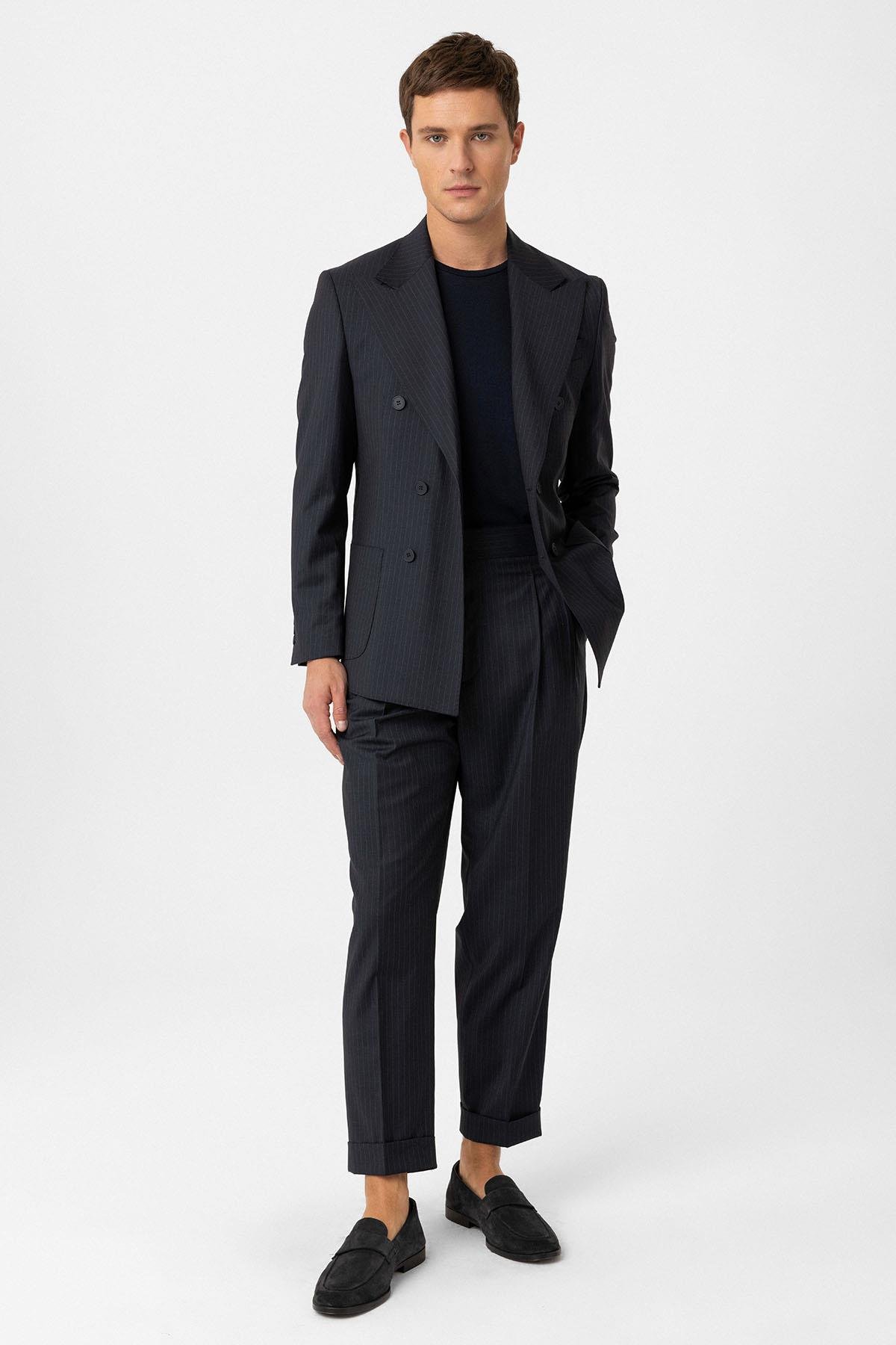 Antioch Lacivert Kruvaze Kapama İtalyan Kesim Yün Karışımlı Çizgili Erkek Teknik Takım