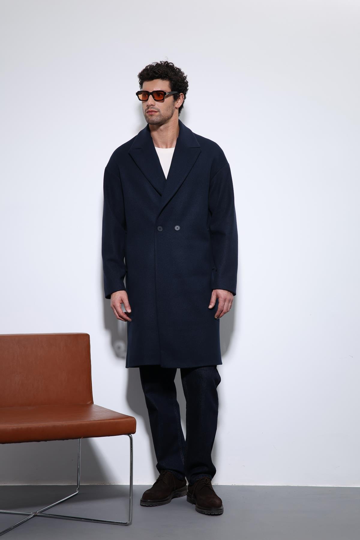 Antioch Lacivert Oversize Kruvaze Erkek Kaban