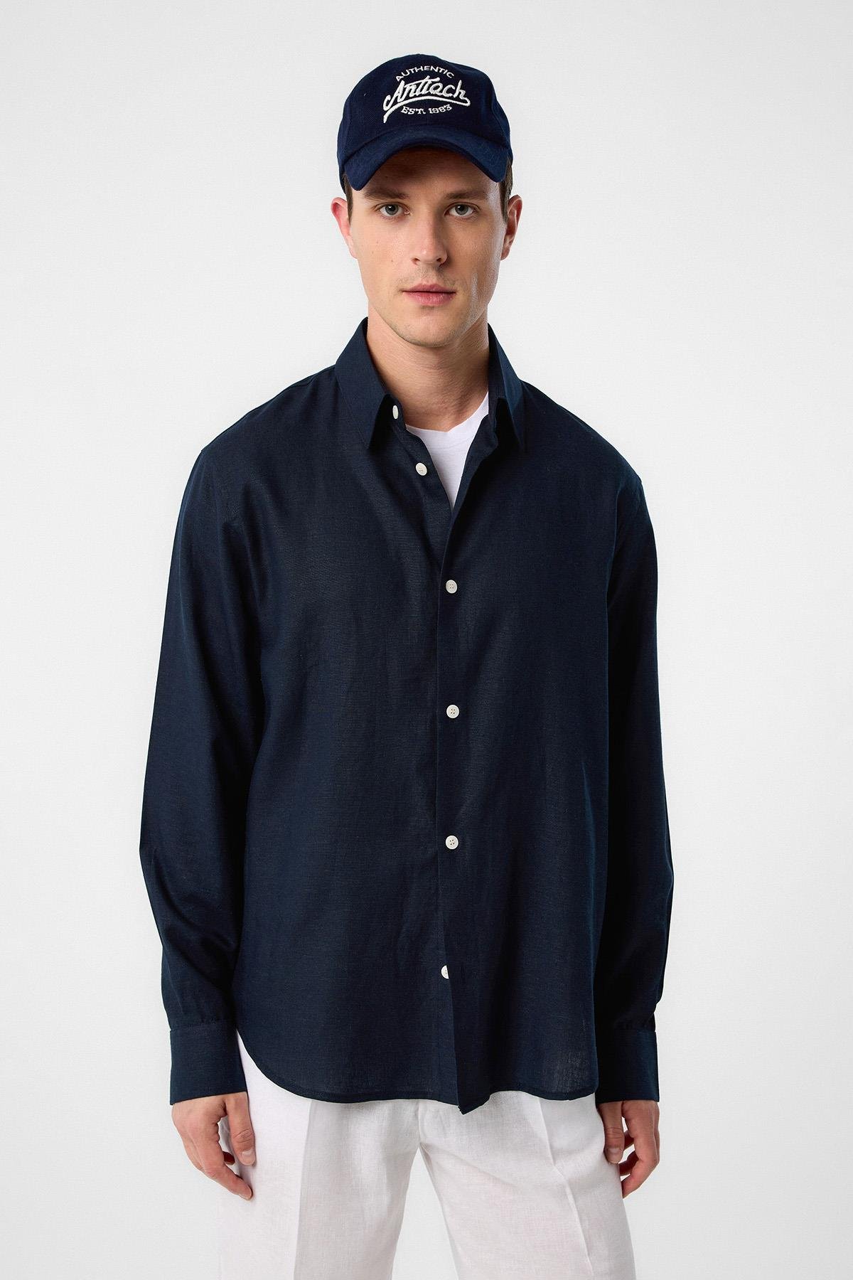 Antioch Lacivert Relax Fit Keten Karışımlı Erkek Gömlek