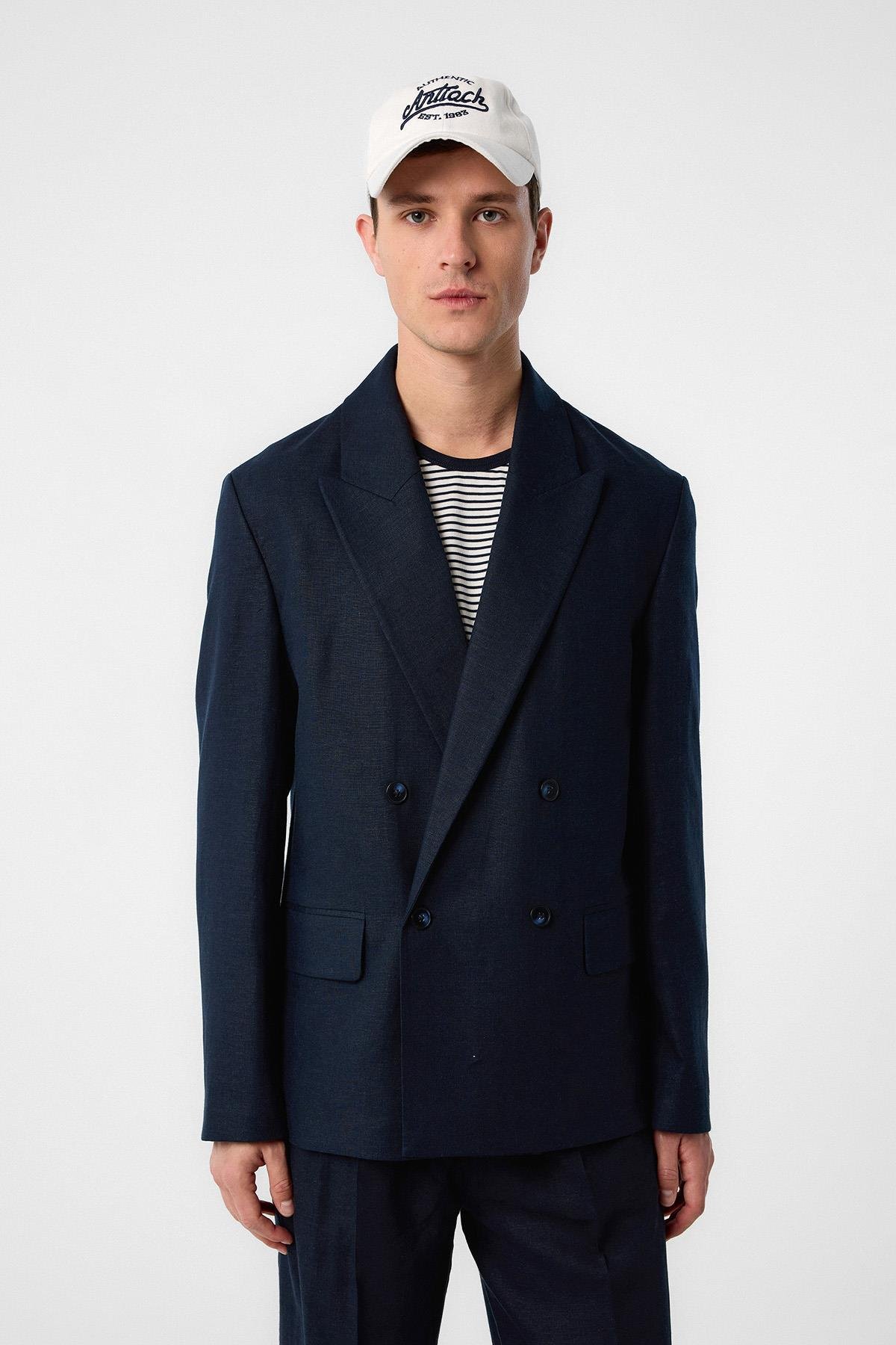 Antioch Lacivert Relax Fit Keten Karışımlı Erkek Blazer Ceket