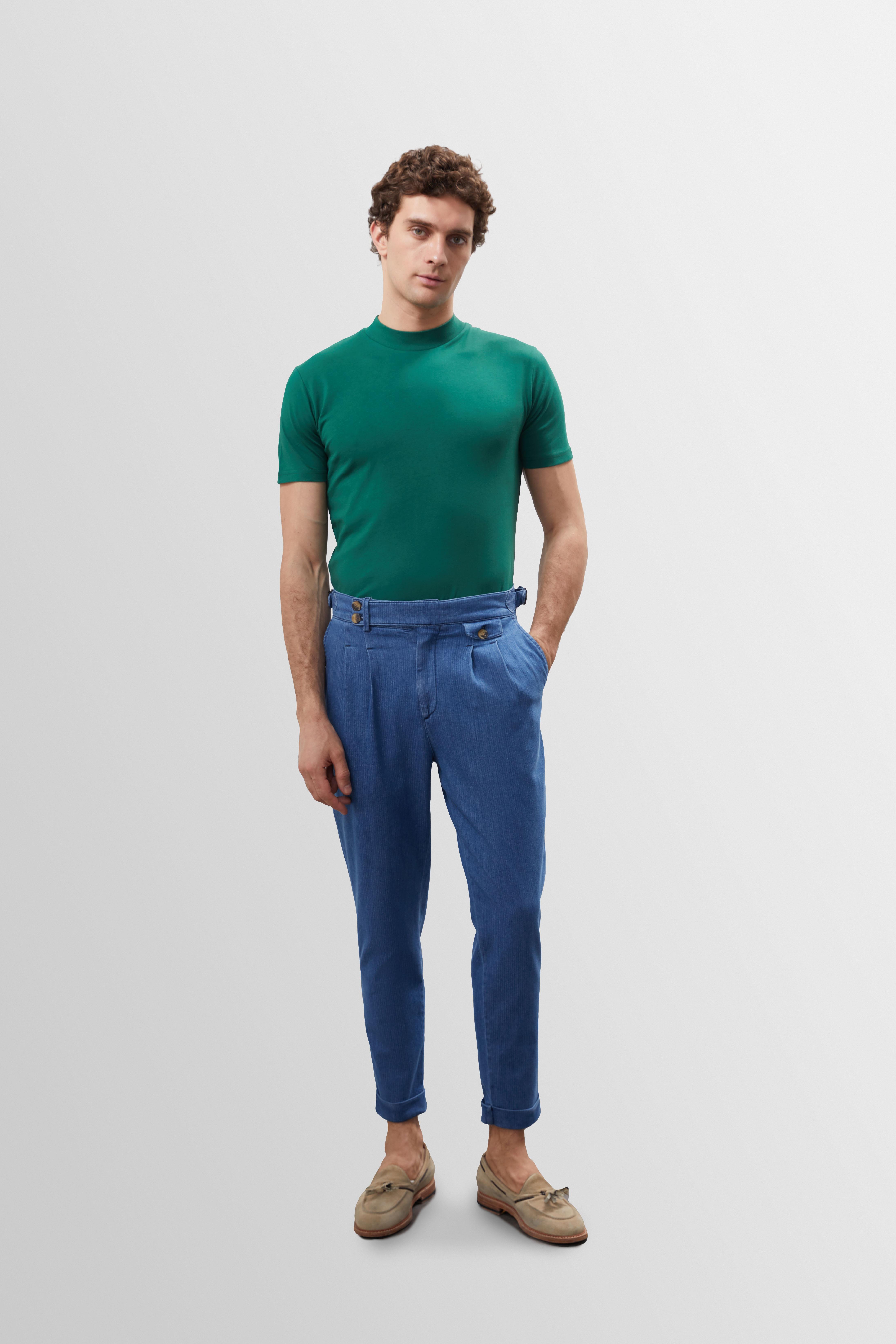 Antioch Lacivert Yüksek Bel (Boyfriend) Yandan Tokalı Kemer Detaylı Pileli Kot Pantolon