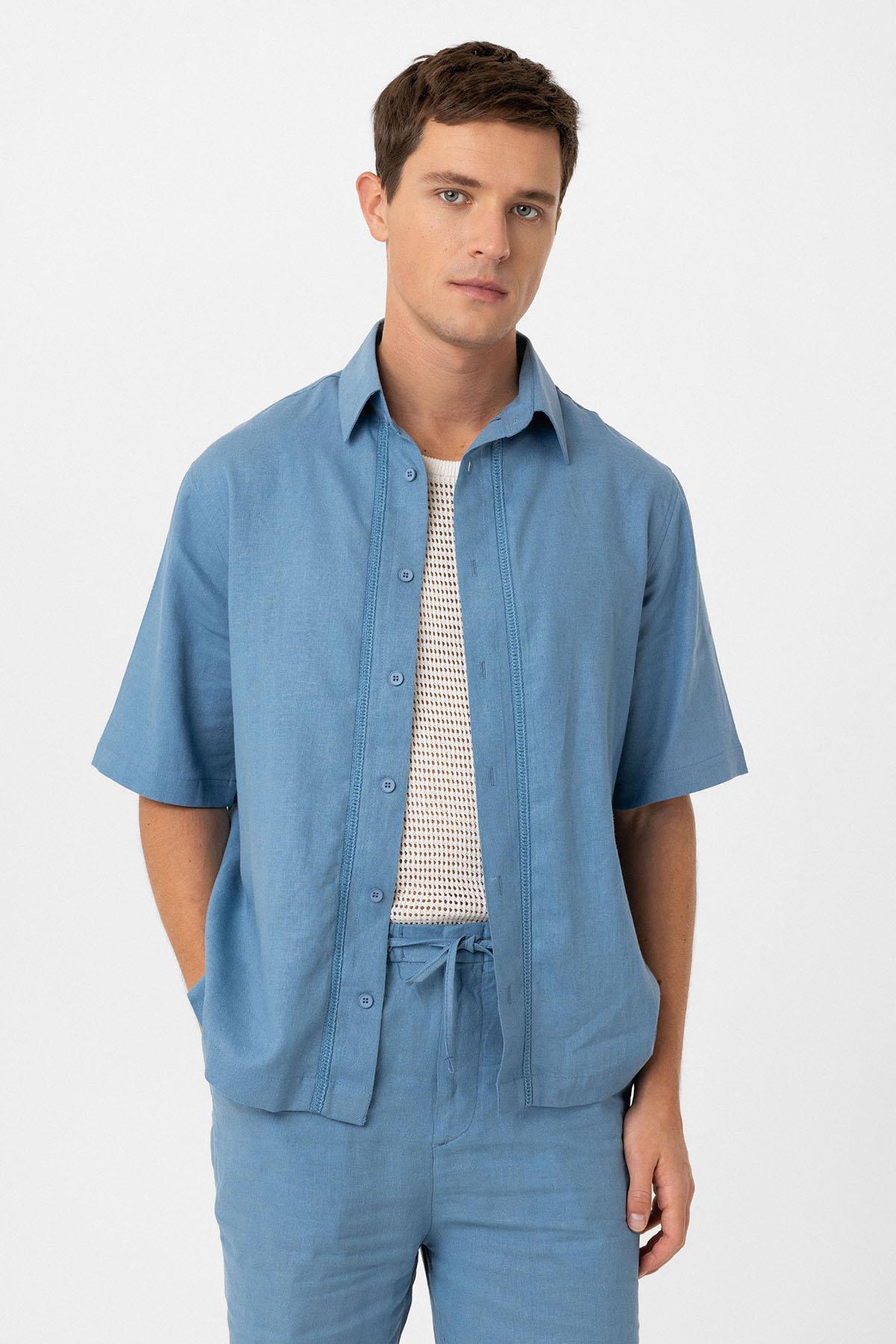 Antioch Mavi Keten Karışımlı Relaxed Erkek Gömlek