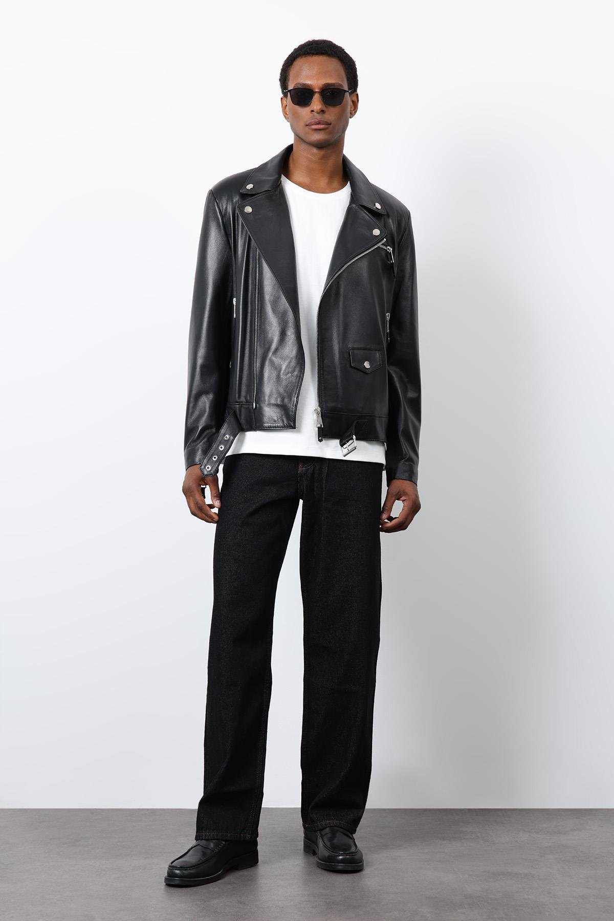 Antioch Siyah 100% Deri Biker Ceket