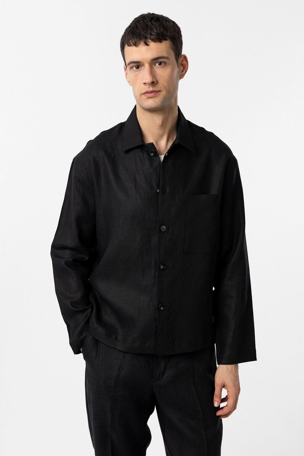 Antioch Siyah 100% Keten Relax Fit Erkek İnce Ceket