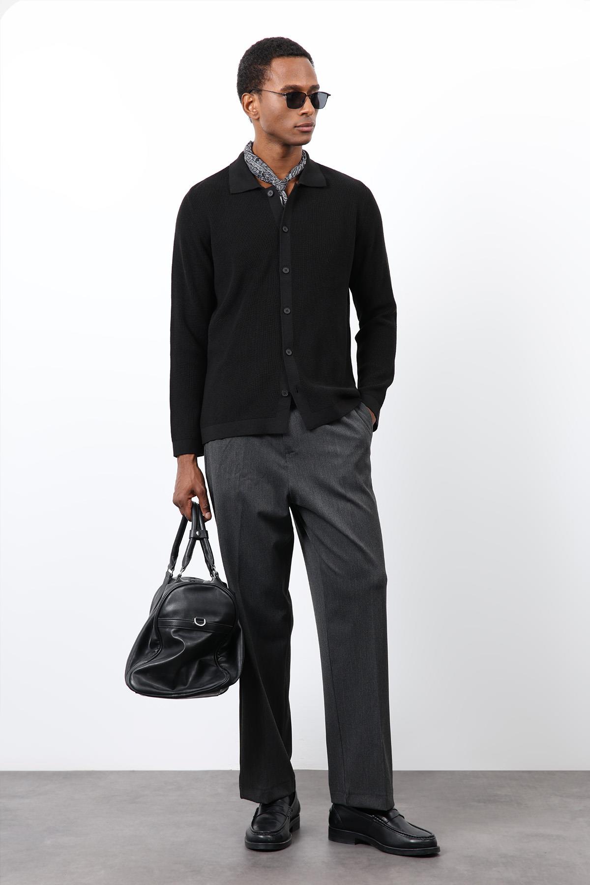 Antioch Siyah İnce Örgü Triko Erkek Hırka