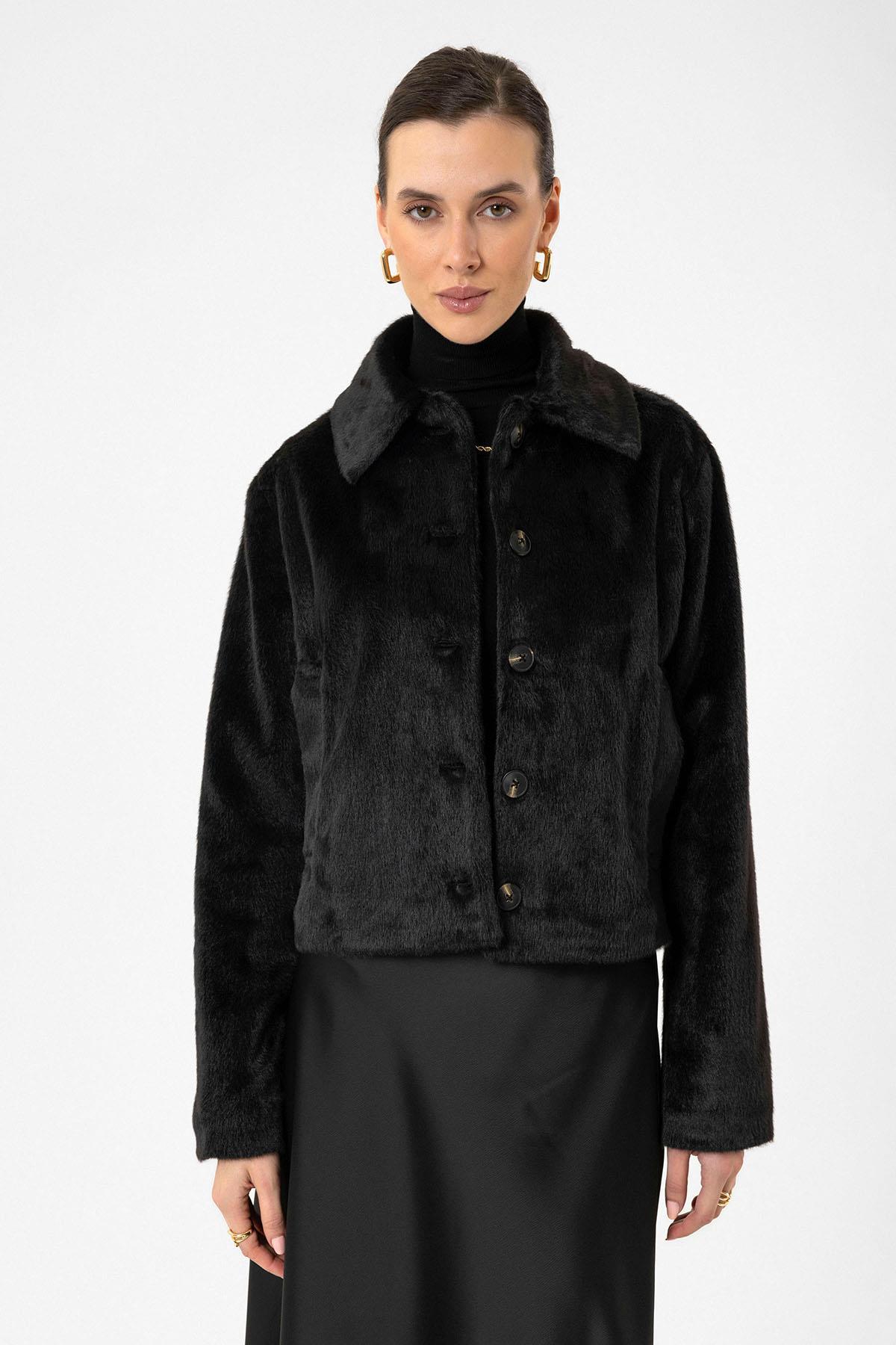 Antioch Siyah Kadın Suni Kürk Crop Mont