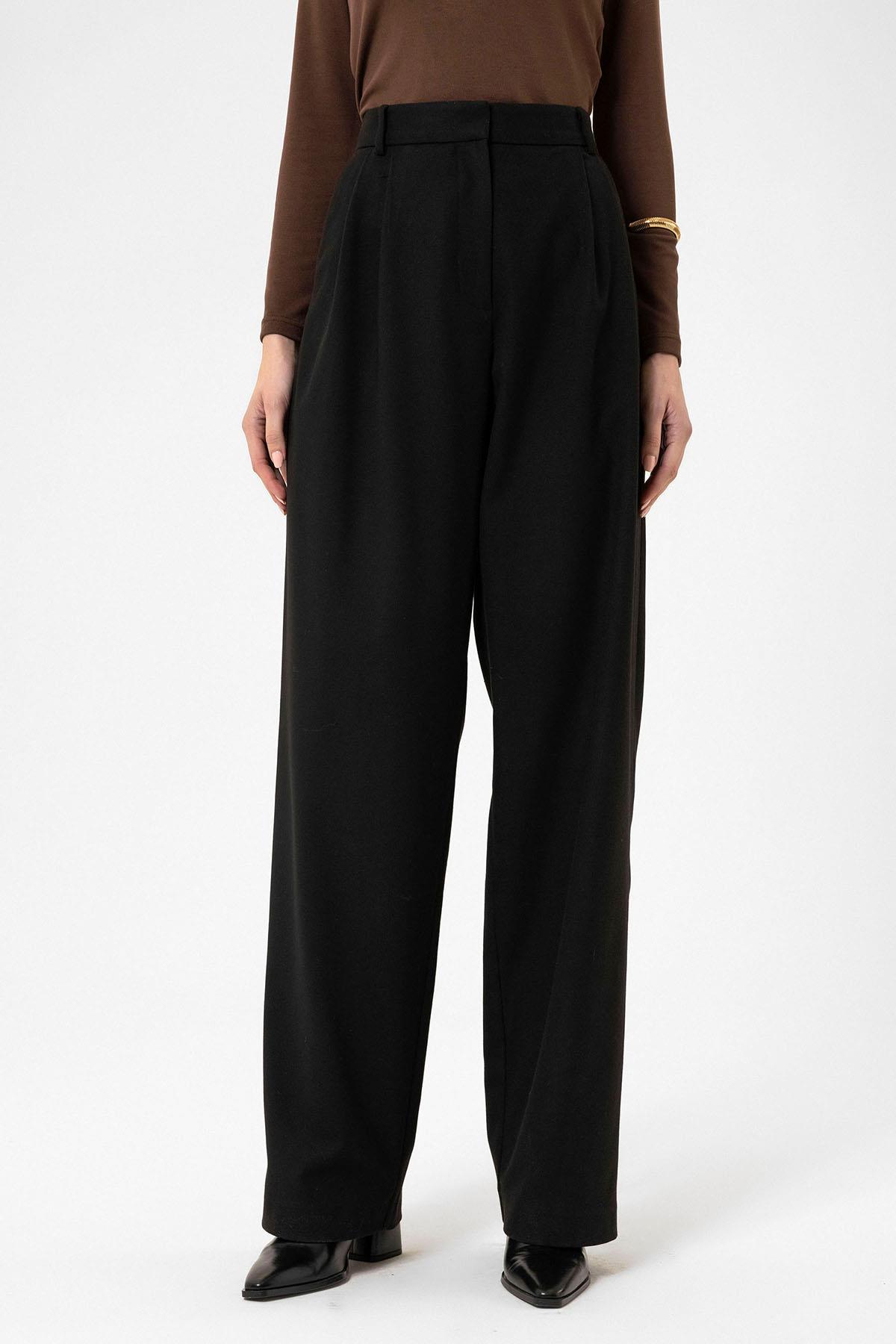 Antioch Siyah Kadın Yüksek Bel Pens Detaylı Straight Fit Pantolon