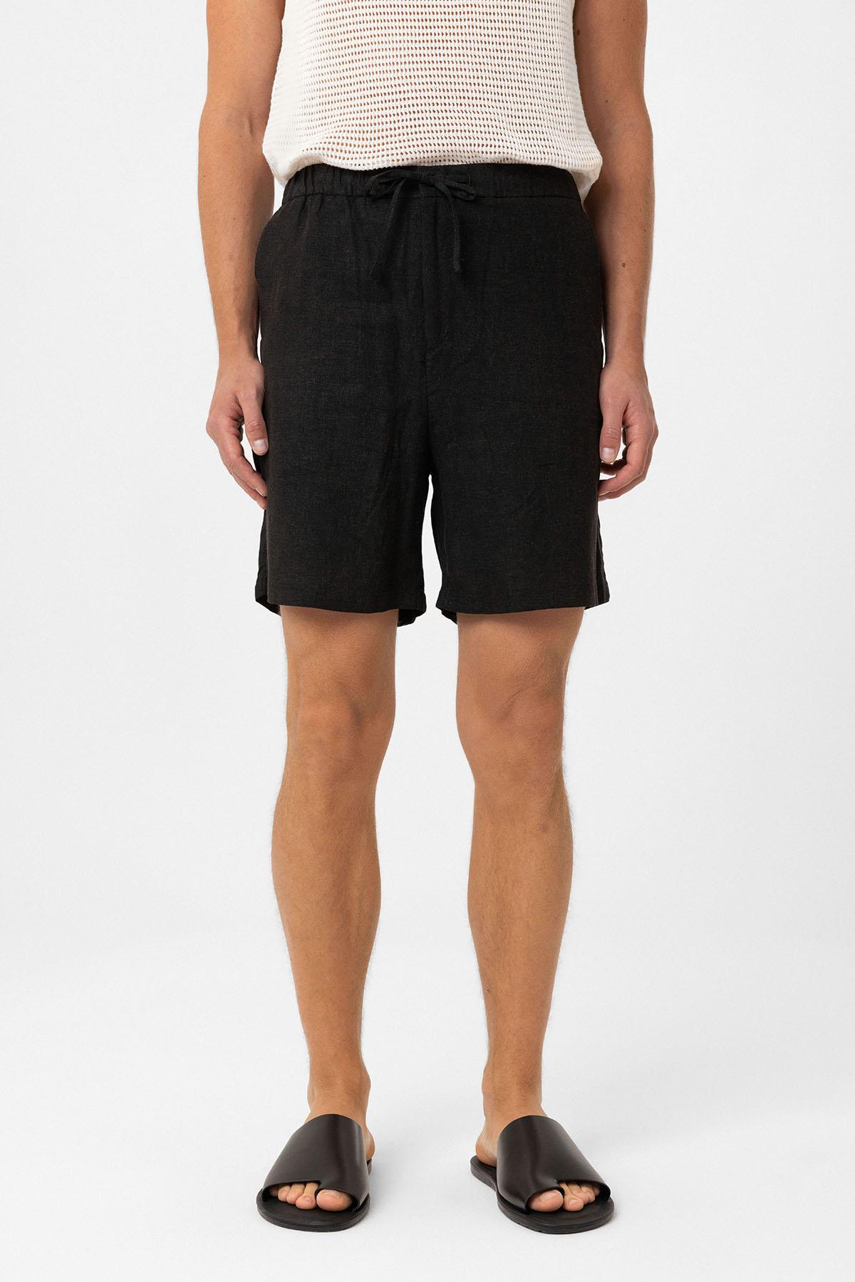 Antioch Siyah Keten Karışımlı Erkek Şort