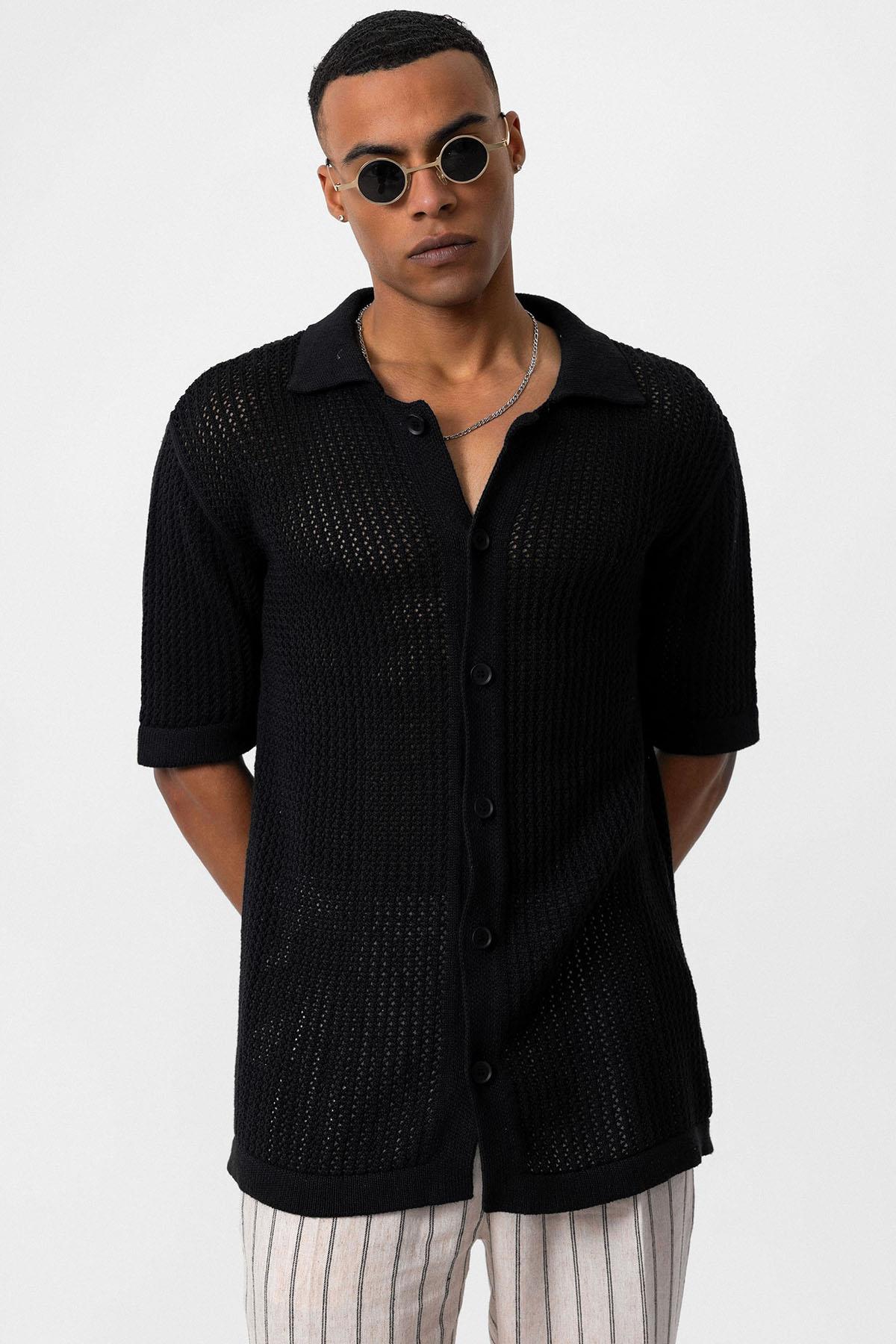 Antioch Siyah Kısa Kollu Ajurlu Erkek Gömlek