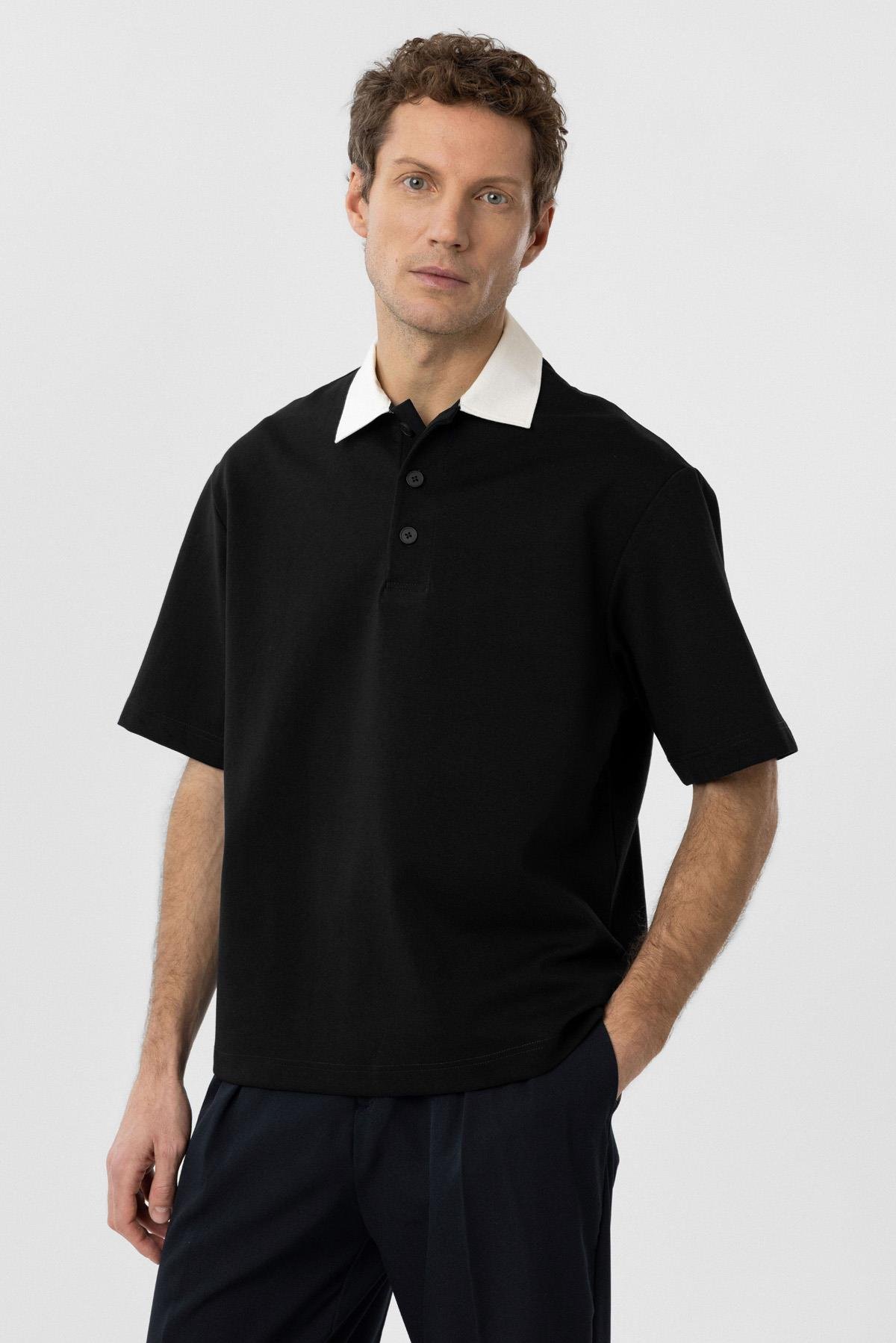 Antioch Siyah Kontrast Yaka İnterlok Dokulu Erkek T-Shirt