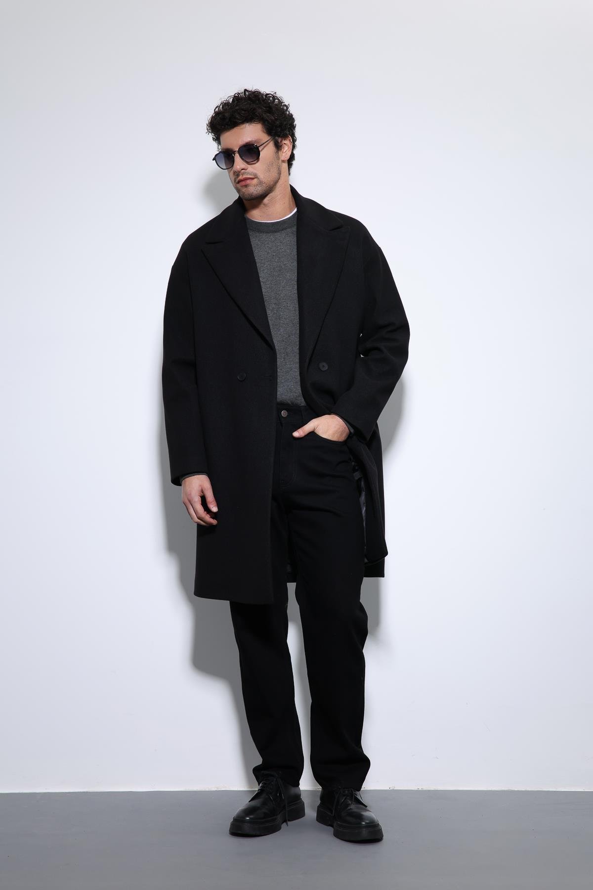 Antioch Siyah Kruvaze Kapama Oversize Erkek Kaban