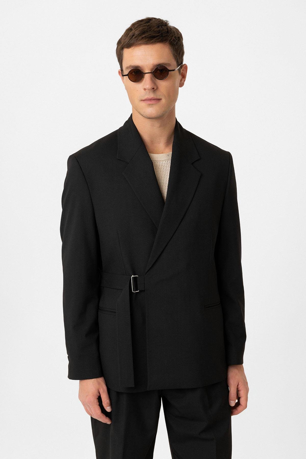 Antioch Siyah Kuşaklı Relax Fit Erkek Blazer Ceket