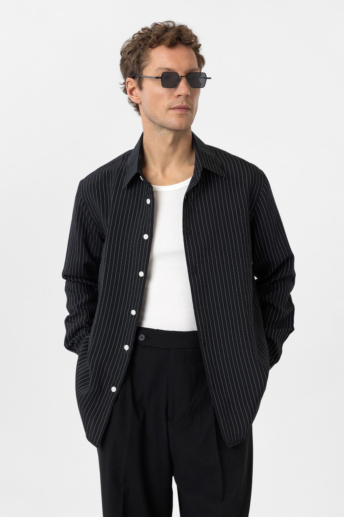Antioch Siyah Modal Kumaş Relax Fit Çizgili Erkek Gömlek