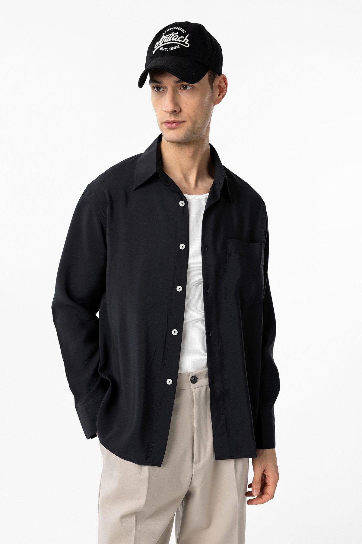 Antioch Siyah Modal Kumaş Relax Fit Erkek Gömlek