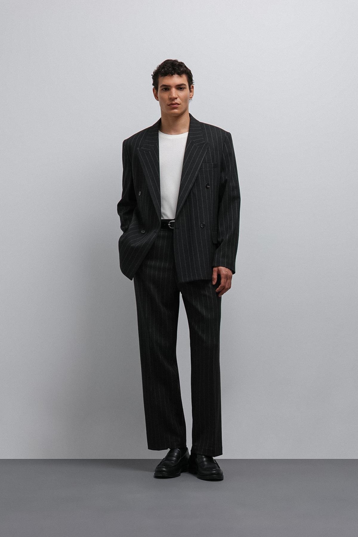 Antioch Siyah Relax Fit Çizgili Erkek Pantolon