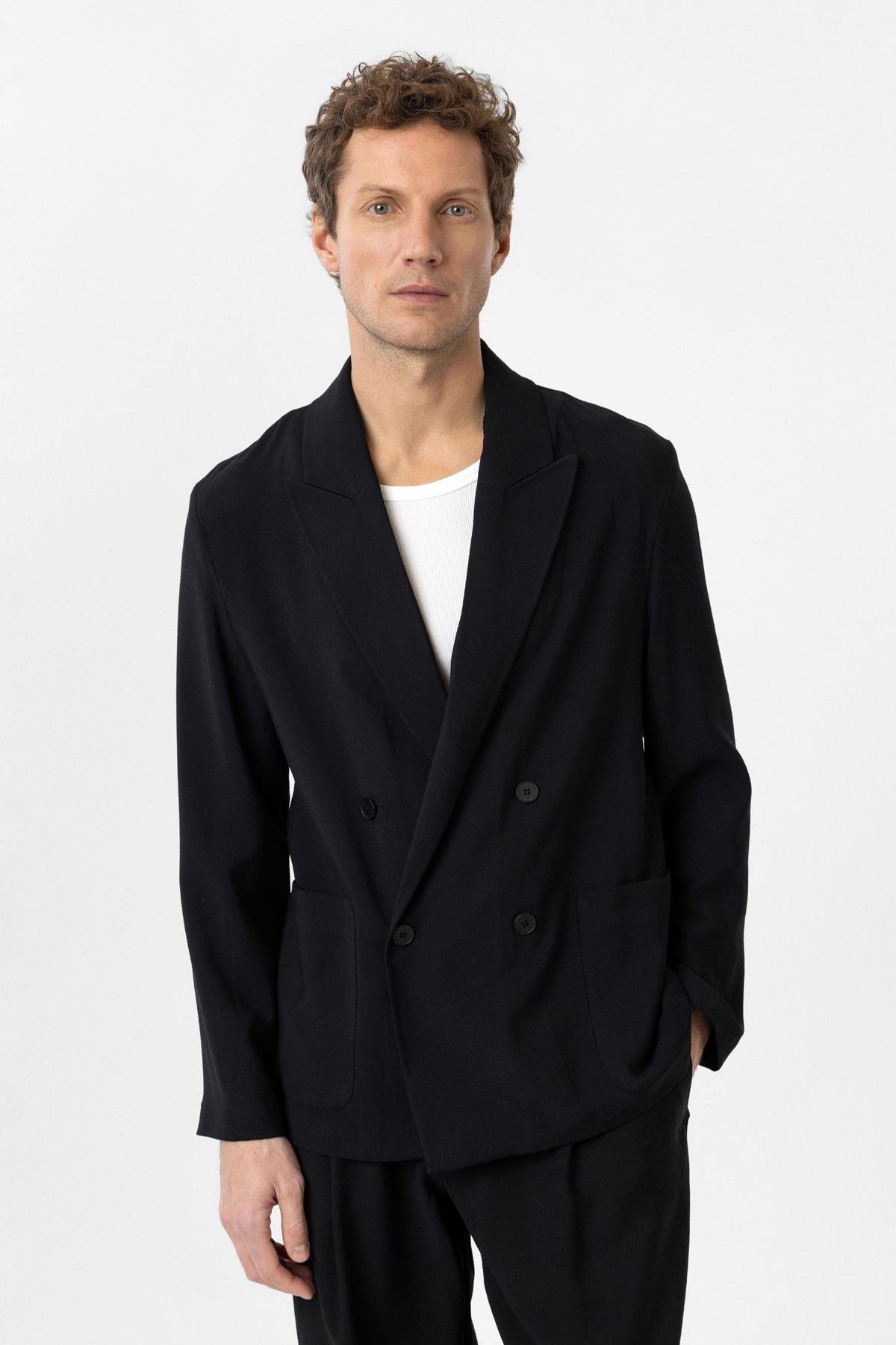 Antioch Siyah Relax Fit Diagonel İnce Erkek Blazer Ceket