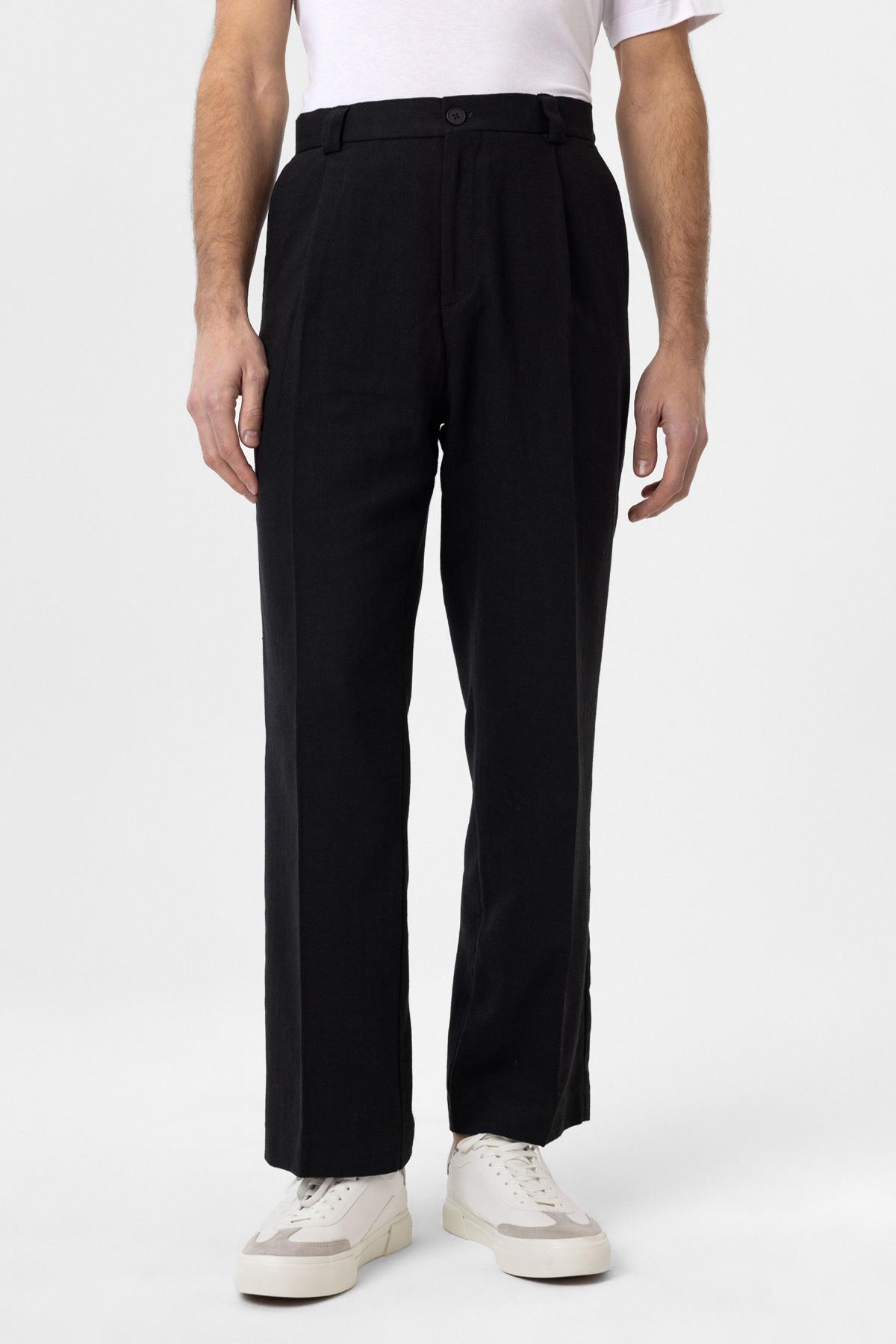 Antioch Siyah Yüksek Bel Keten Karışımlı Erkek Pantolon