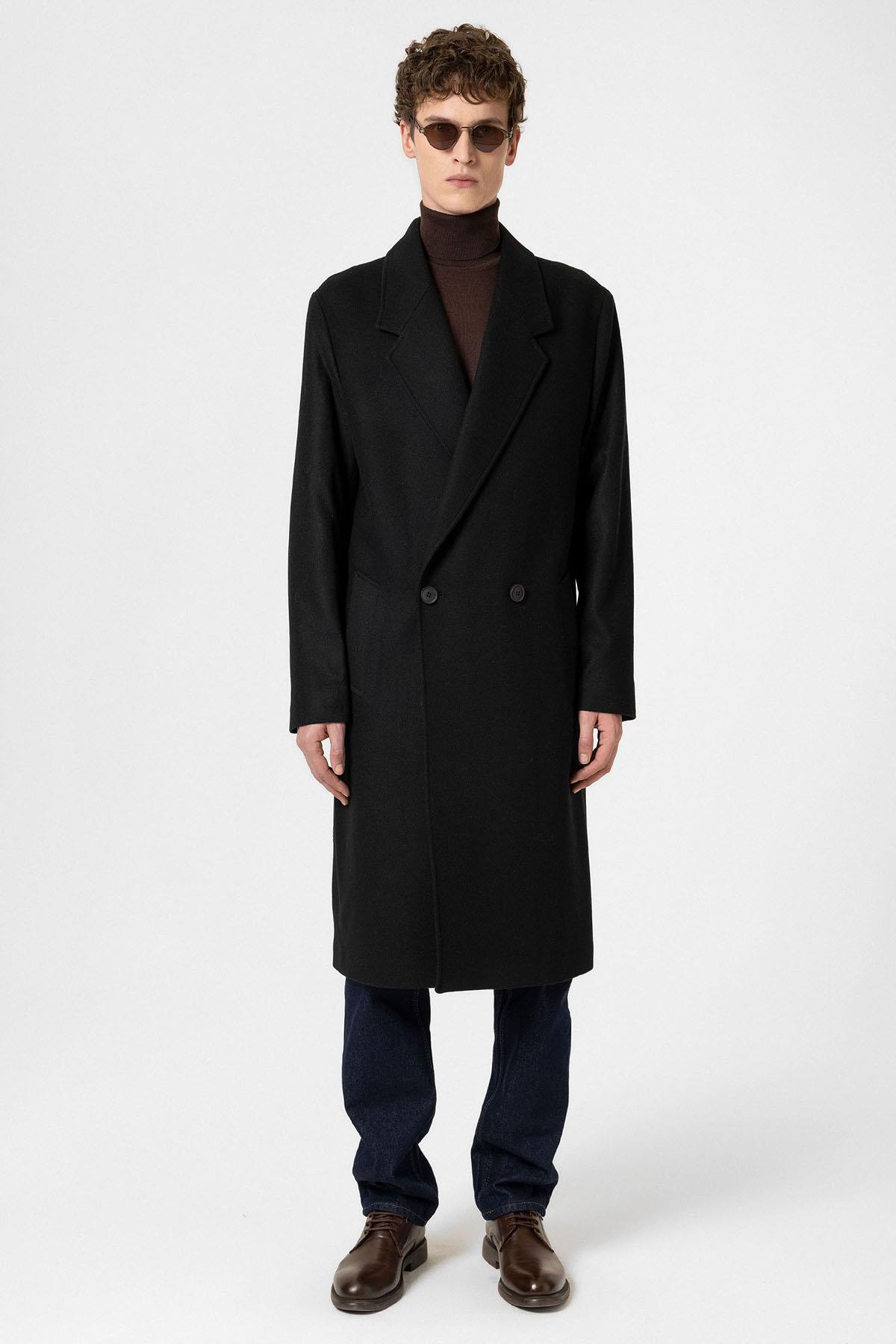 Antioch Siyah Yün Karışımlı Balıksırtı Kruvaze Erkek Kaban