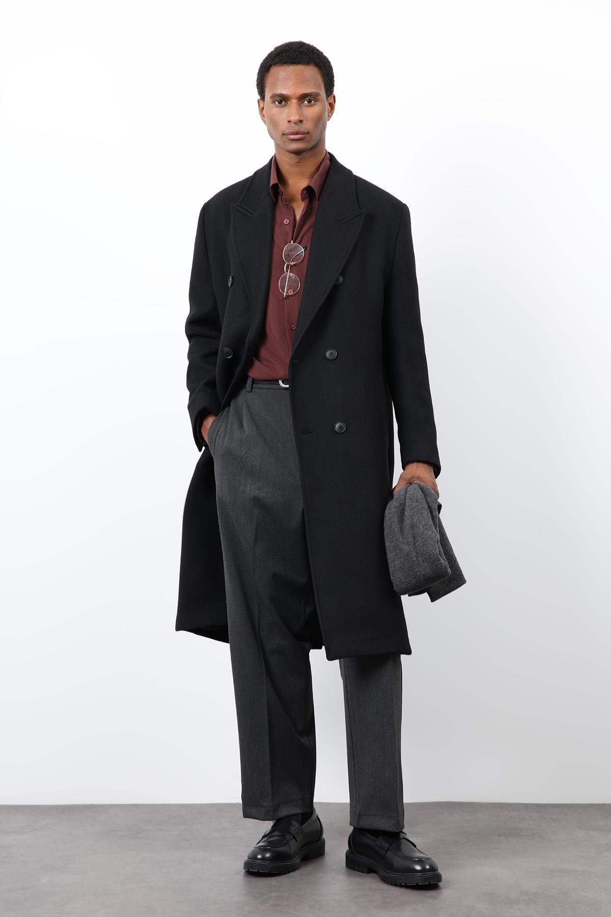 Antioch Siyah Yün Karışımlı Kruvaze Erkek Kaban