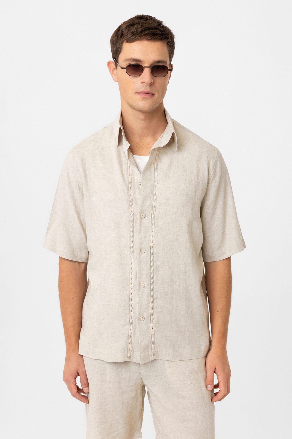 Antioch Taş Keten Karışımlı Relaxed Erkek Gömlek