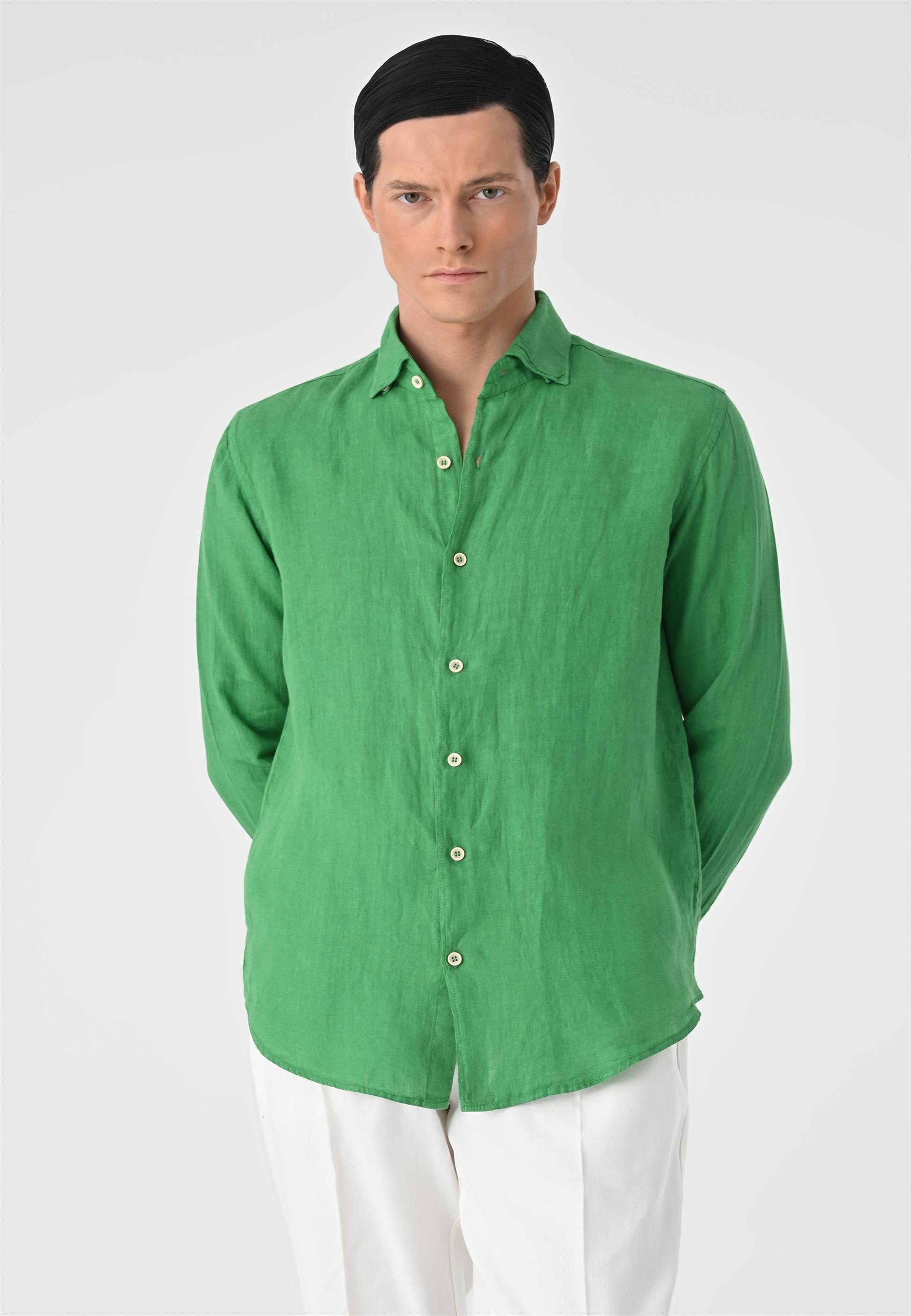 Collar Button Detailed 100% Linen Men's Shirt