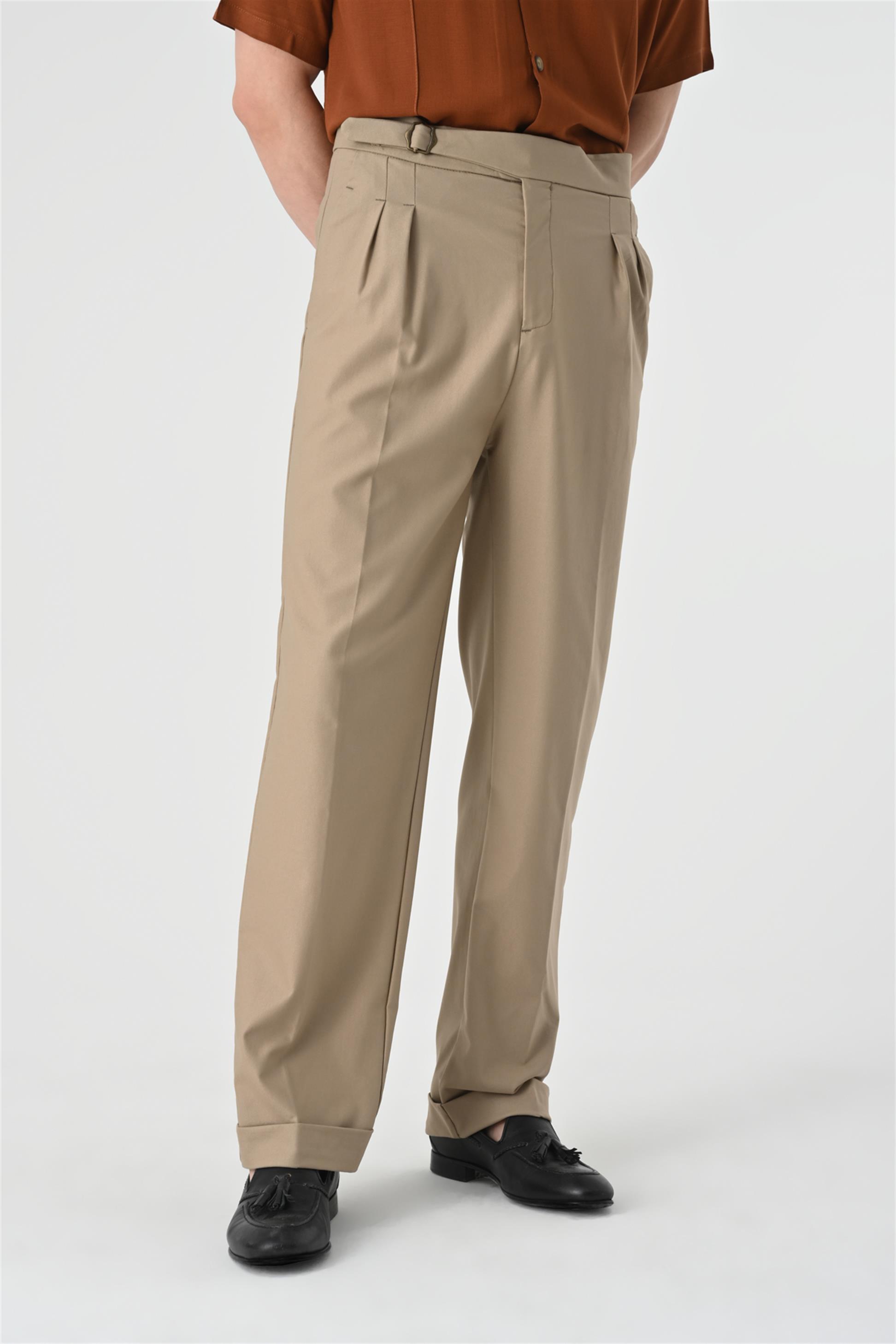 High Waist Buckle Detail Pleated Men's Trousers